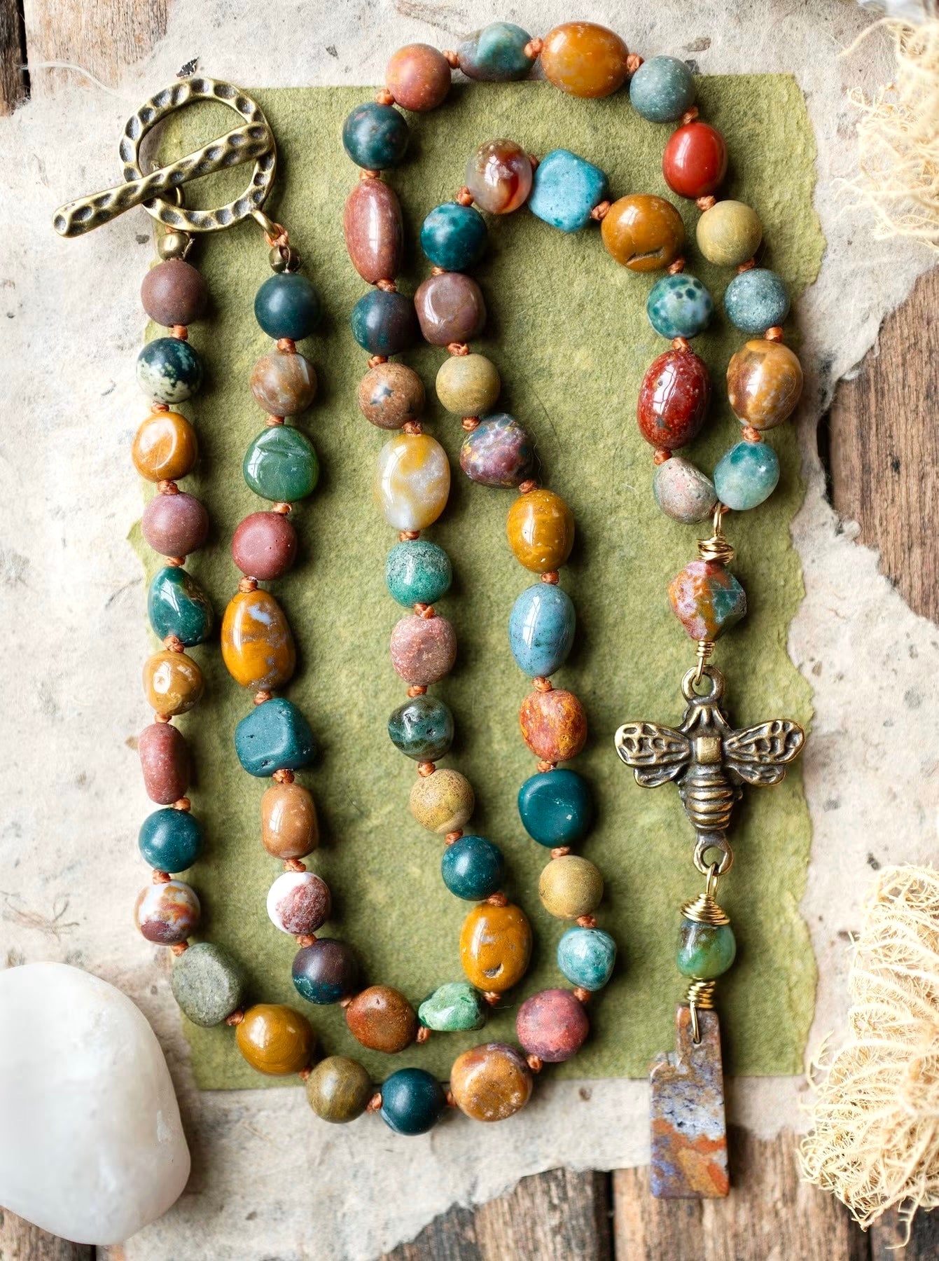 Bee Colorful Ocean Jasper Knotted Cord Gemstone Necklace
