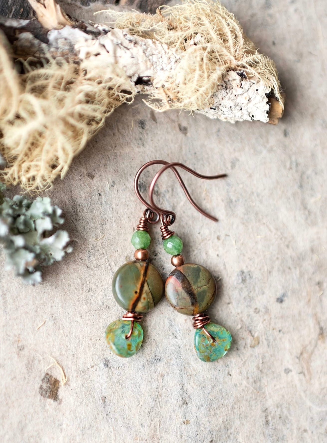 Creek Jasper and Green Disc Copper Earrings