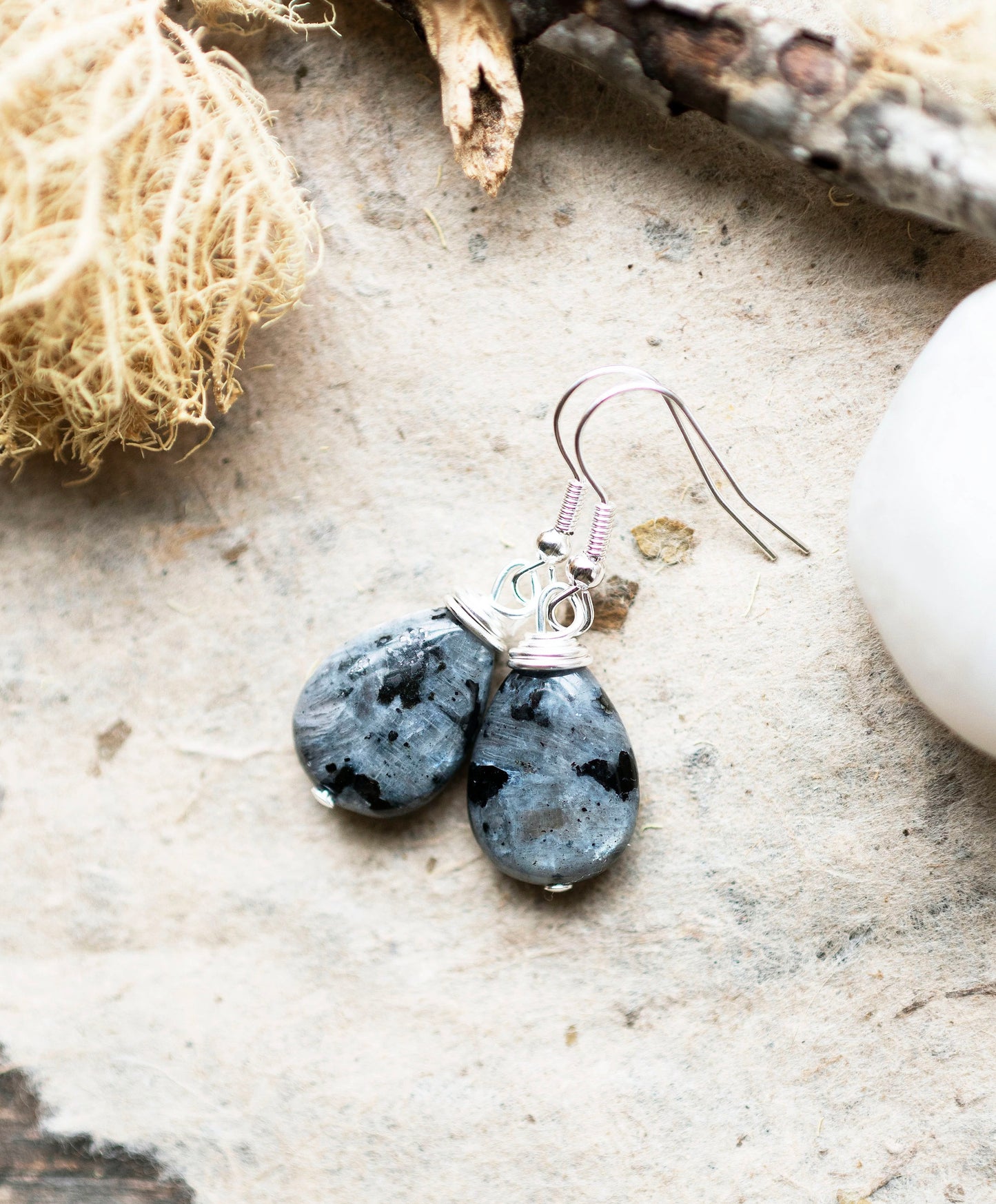 Black Shimmering Larvikite Gemstone Earrings