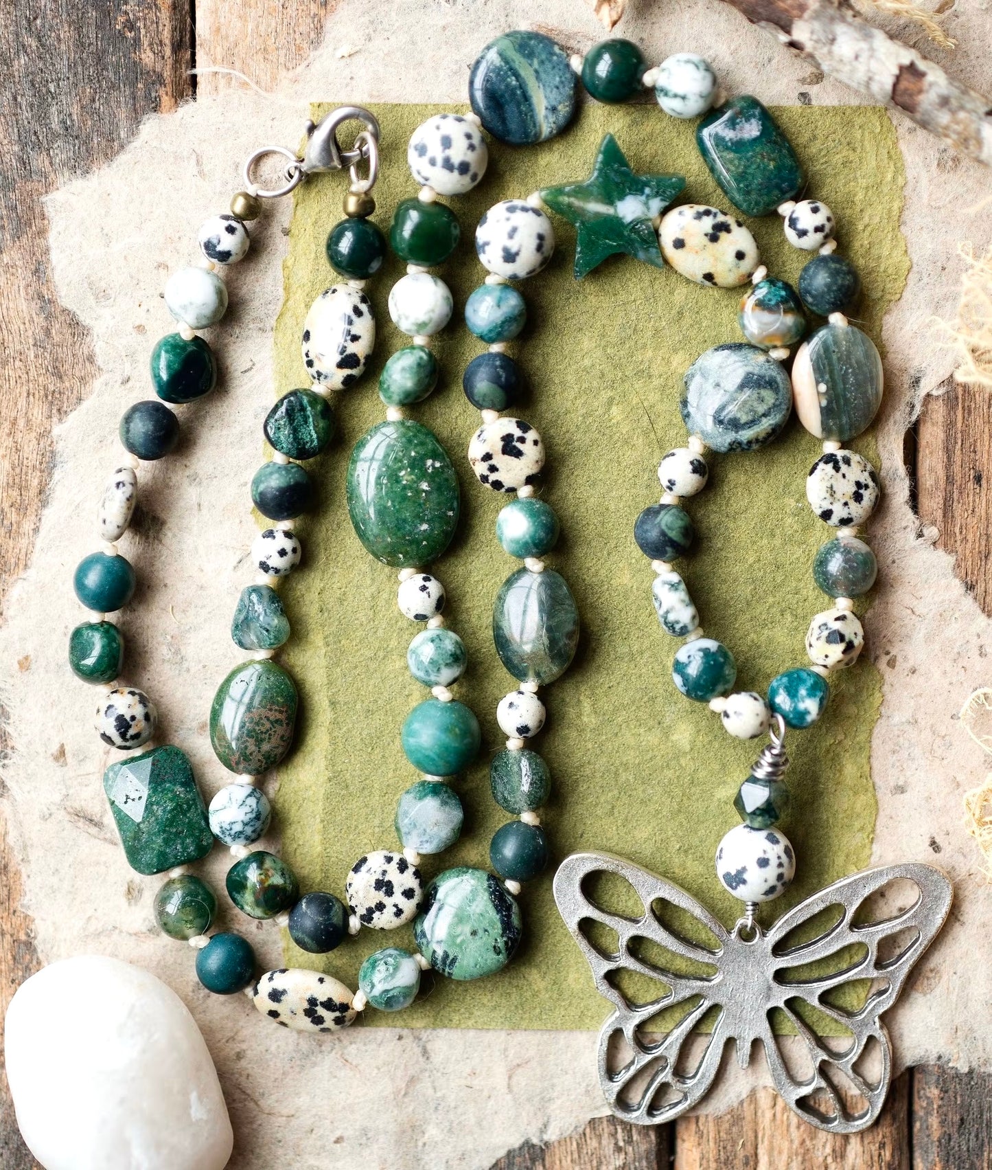 Butterfly Moss Agate Green Gemstone Necklace