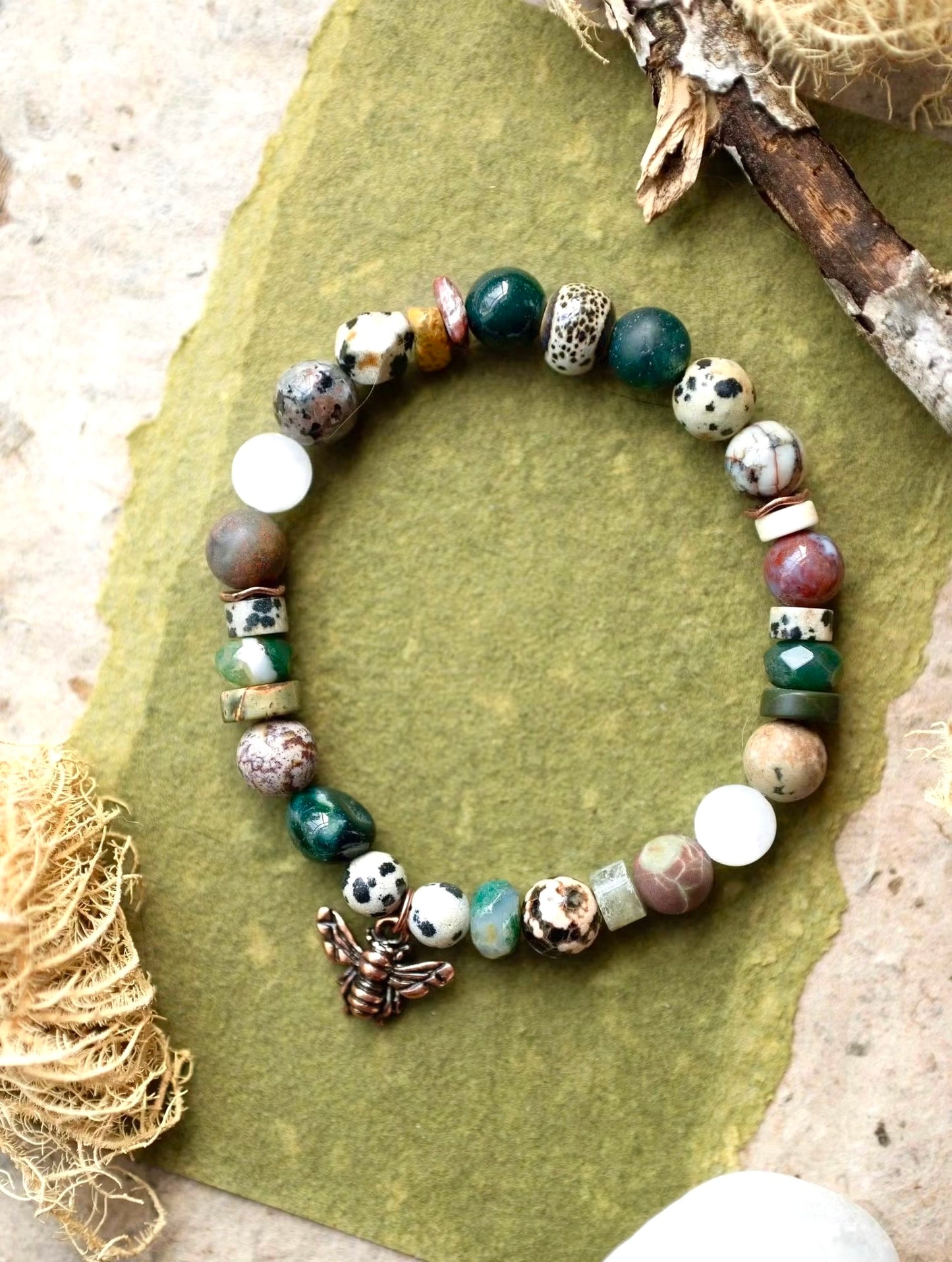 Copper Bee Rustic Gemstone Agate Selenite Stretch Bracelet