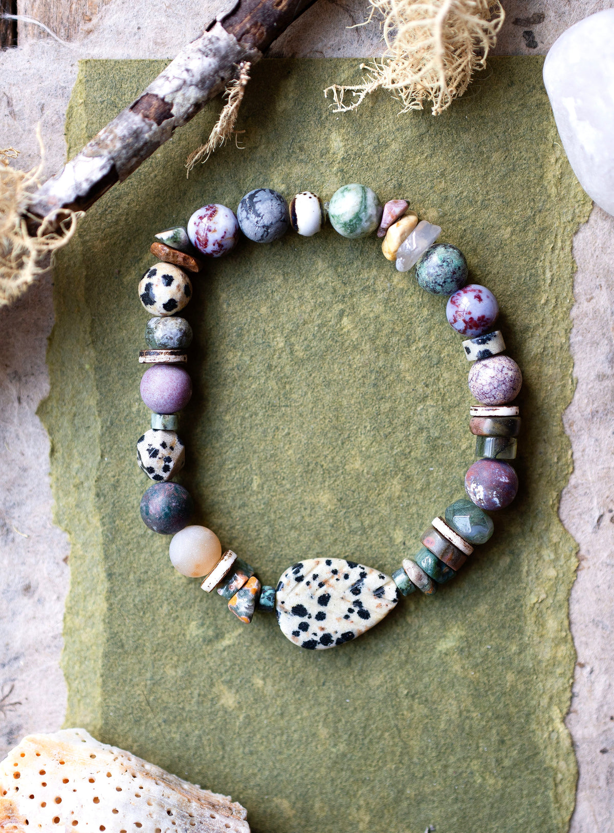 Dalmatian Jasper Leaf Ocean Jasper Gemstone Stretch Bracelet