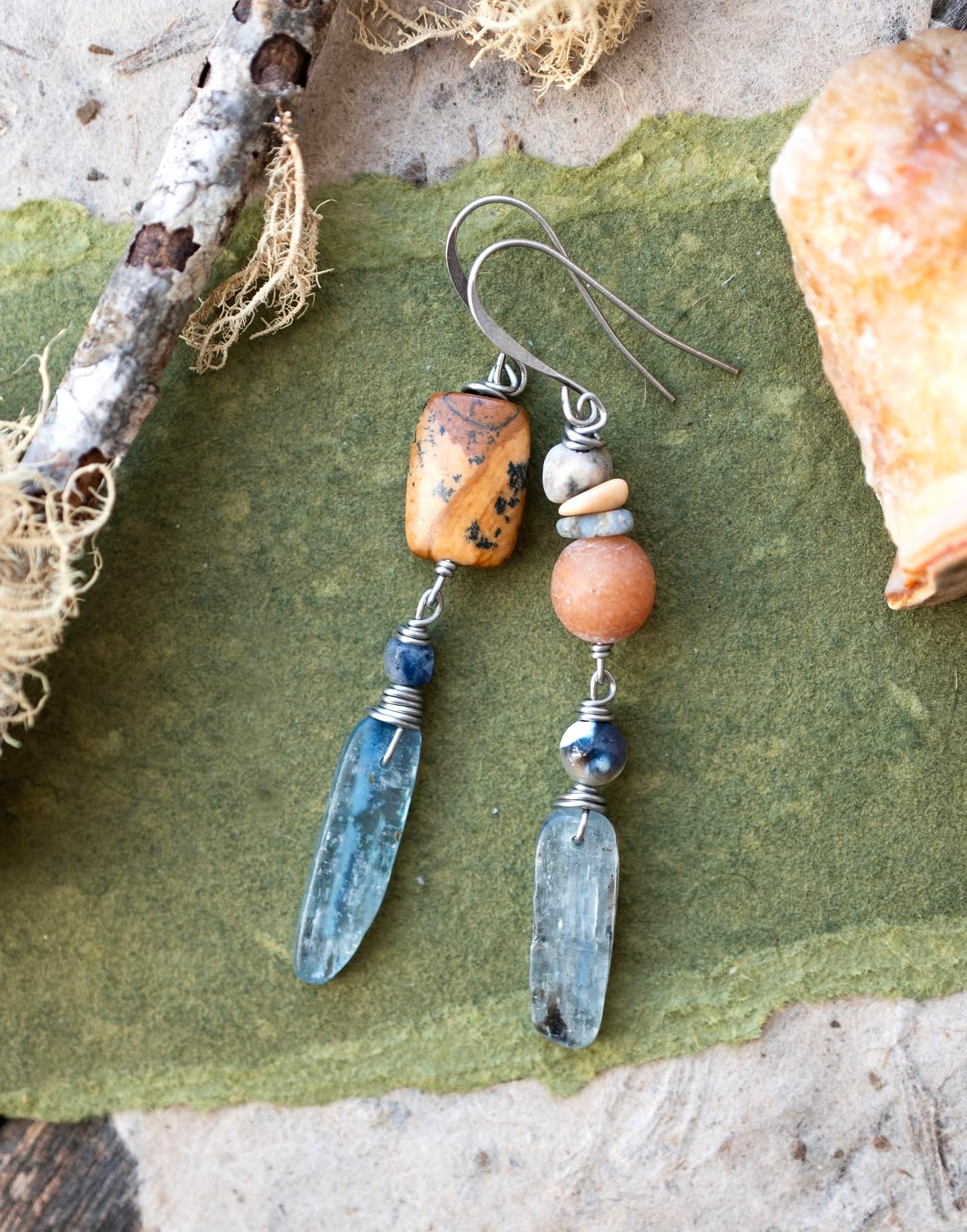 Beach Inspired Blue Kyanite Antique Silver Asymmetrical Earrings