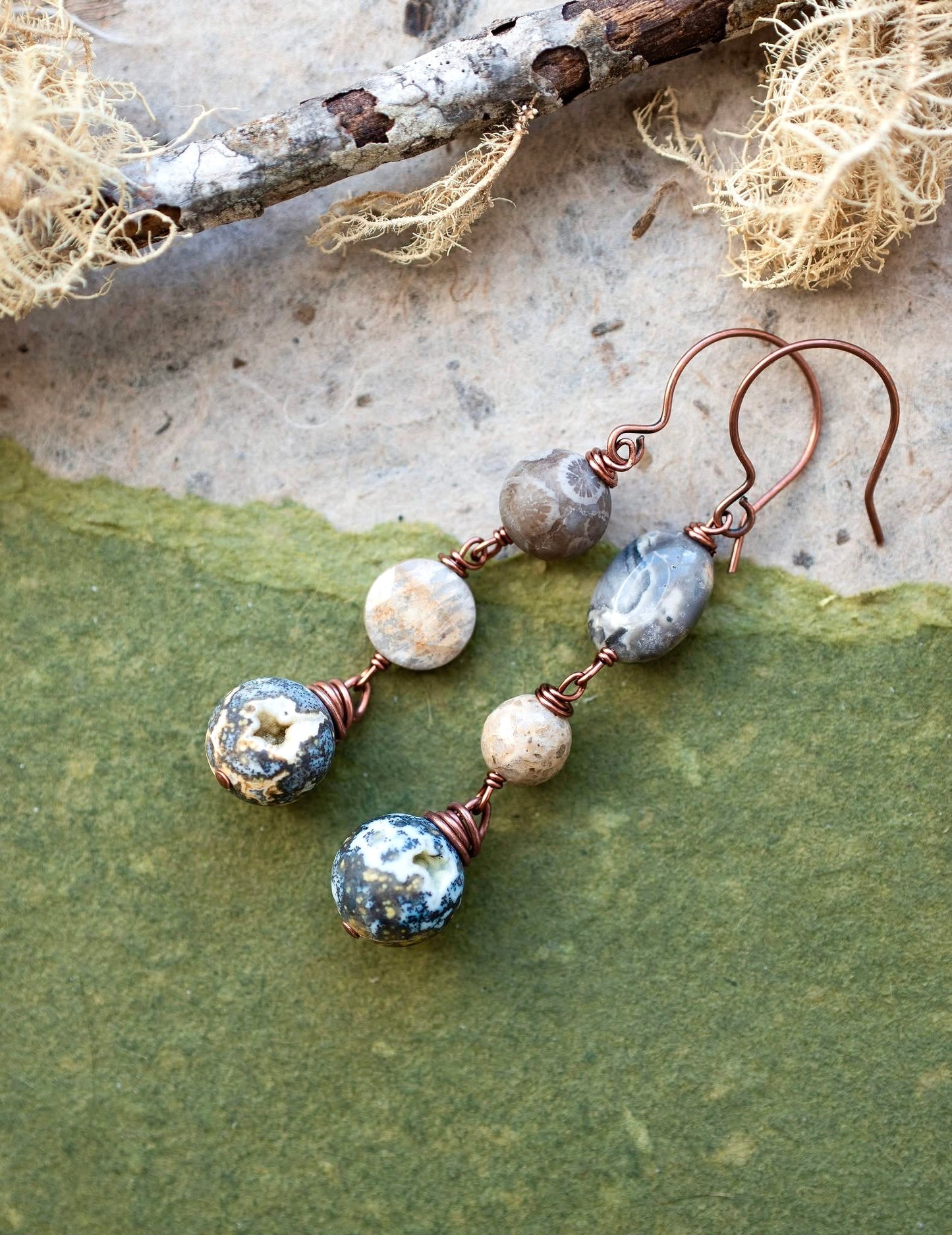 Ocean Jasper Druzy Copper Fossil Earrings