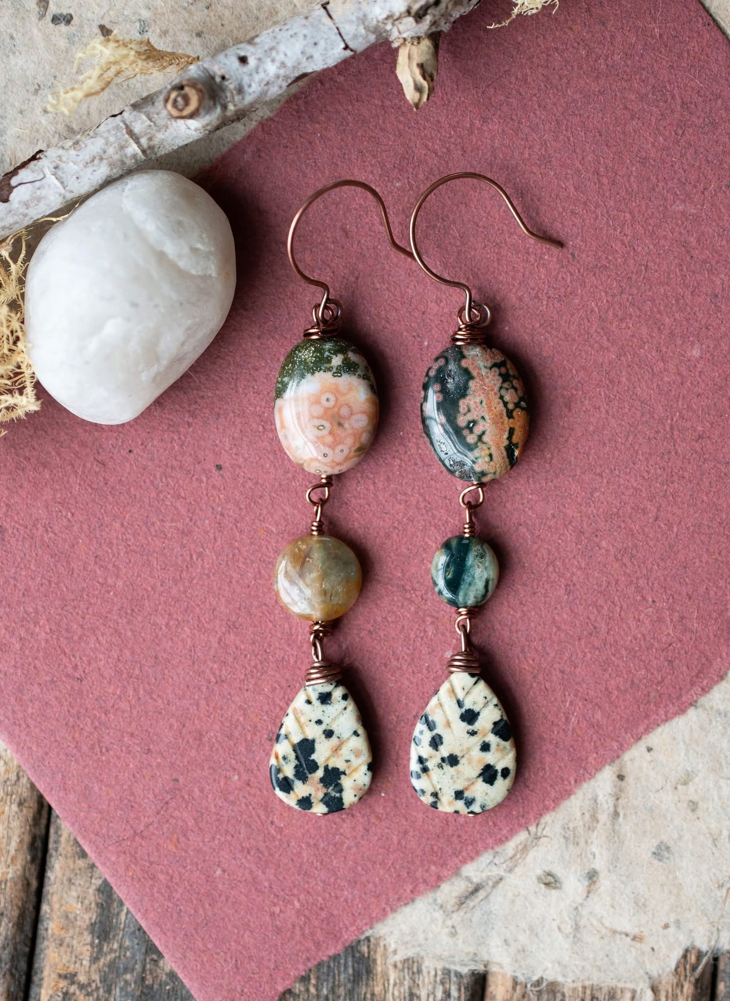 Ocean Jasper Carved Leaves Celestial Rustic Earrings