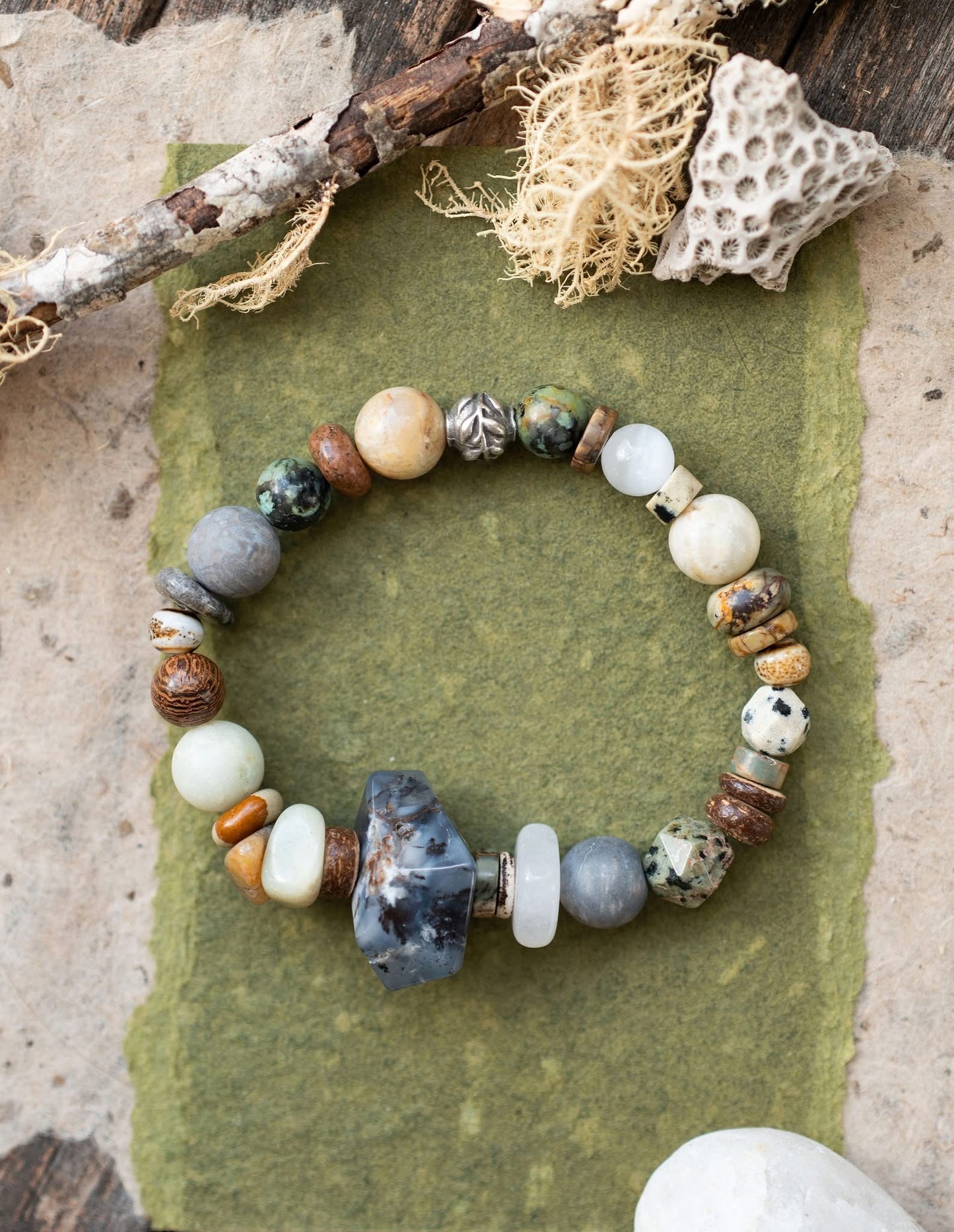 Rustic Dendrite Opal Gemstone Beaded Stretch Bracelet
