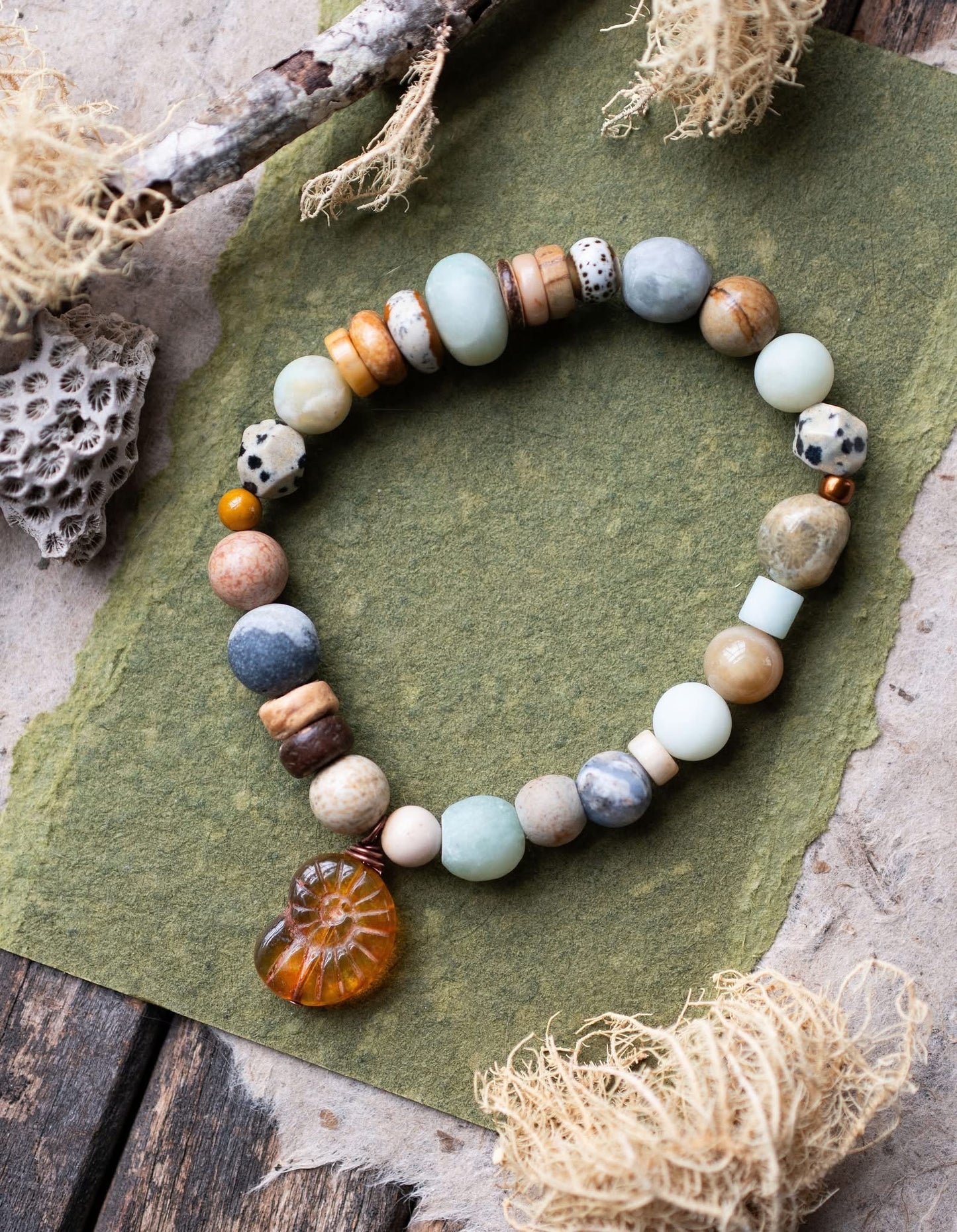 Amber Glass Ammonite Amazonite Beaded Gemstone Stretch Bracelet