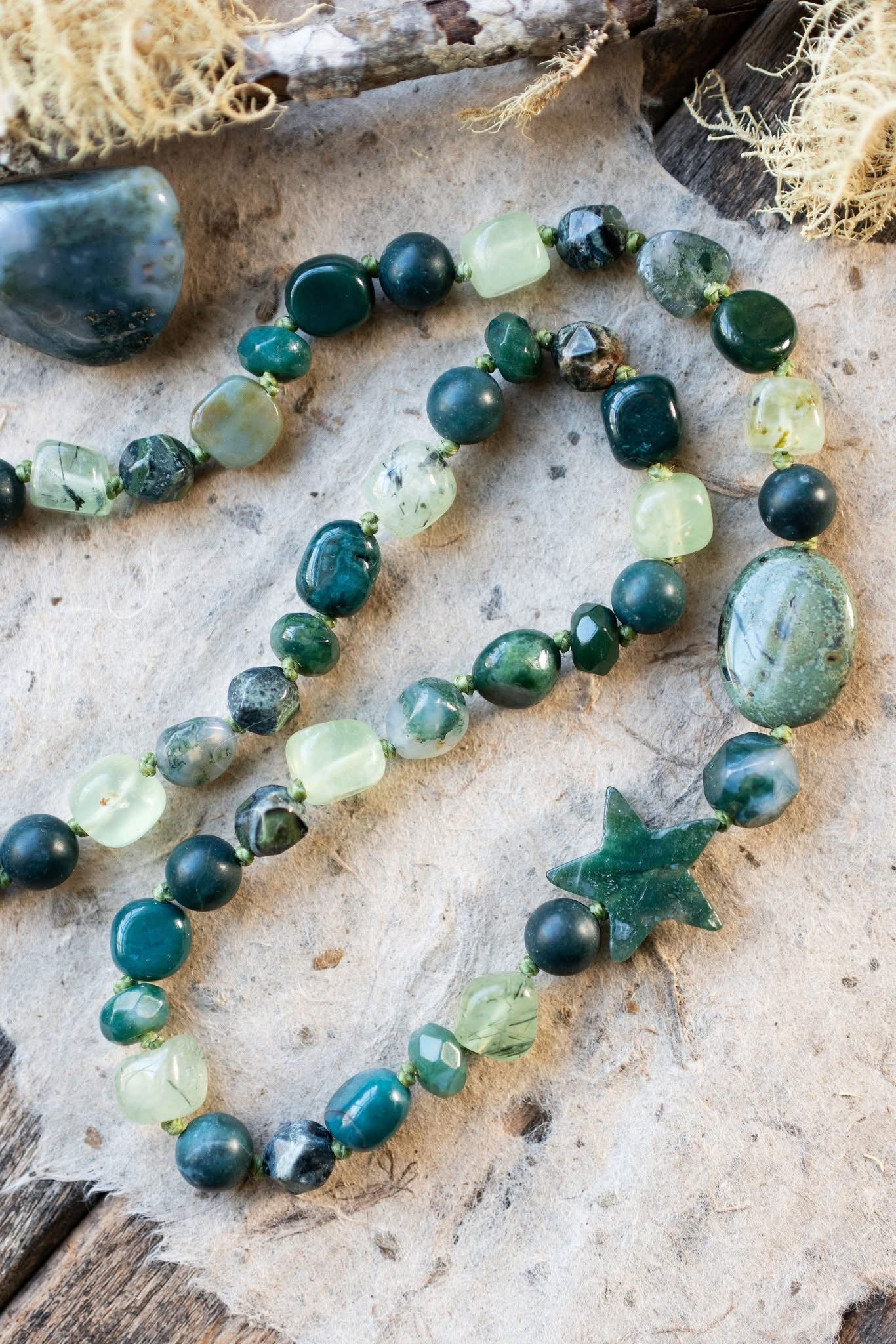 Green Moss Agate Springtime Knotted Cord Necklace