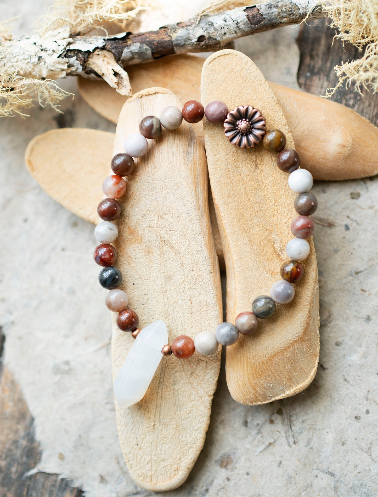 Crystal Agate Petrified Wood Earthy Gemstone Stretch Bracelet