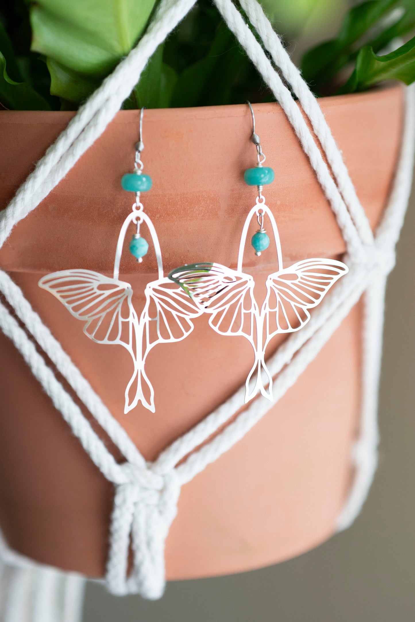 Amazonite Silver Moth Earrings