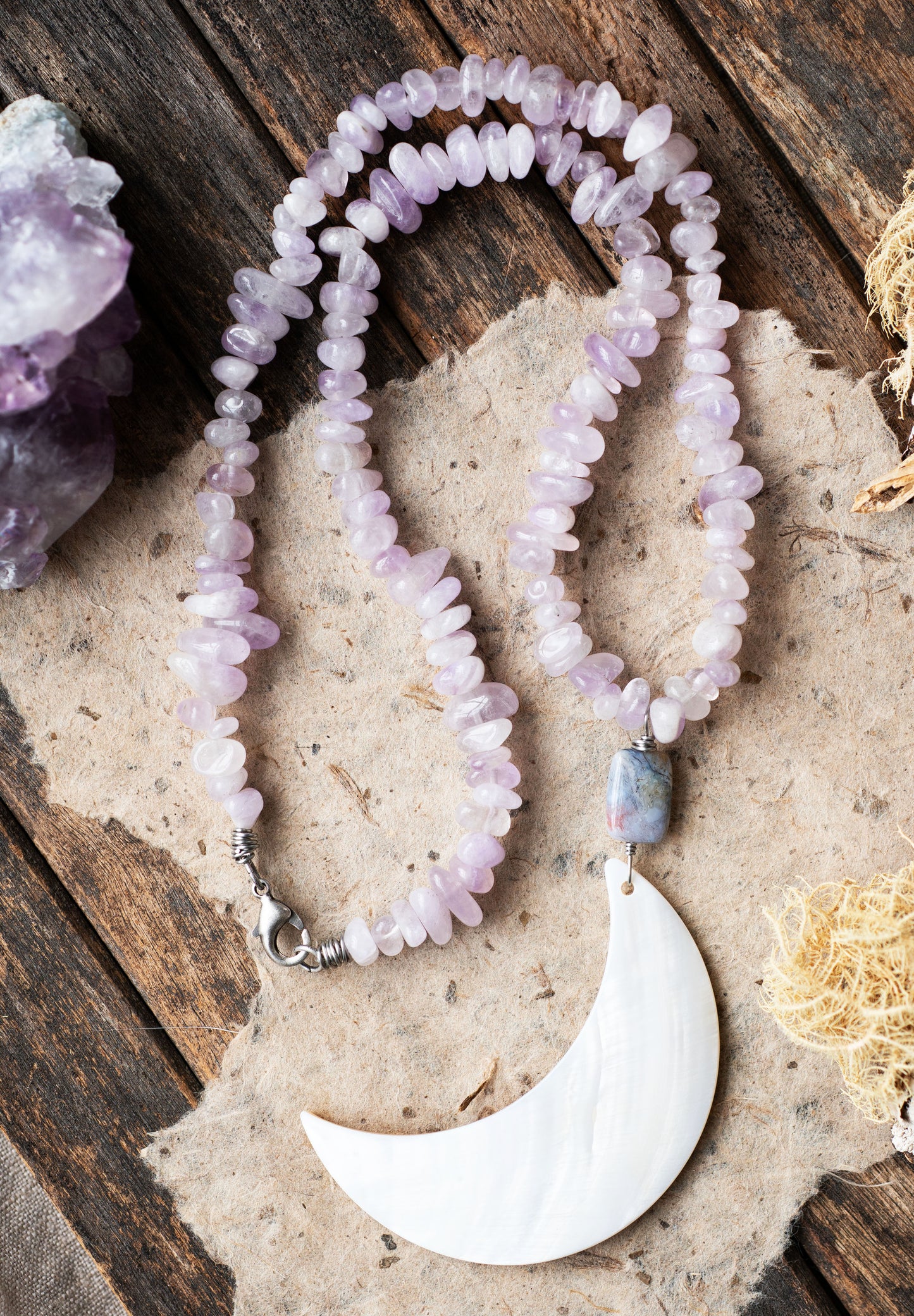 Amethyst Mother of Pearl Moon Goddess Necklace