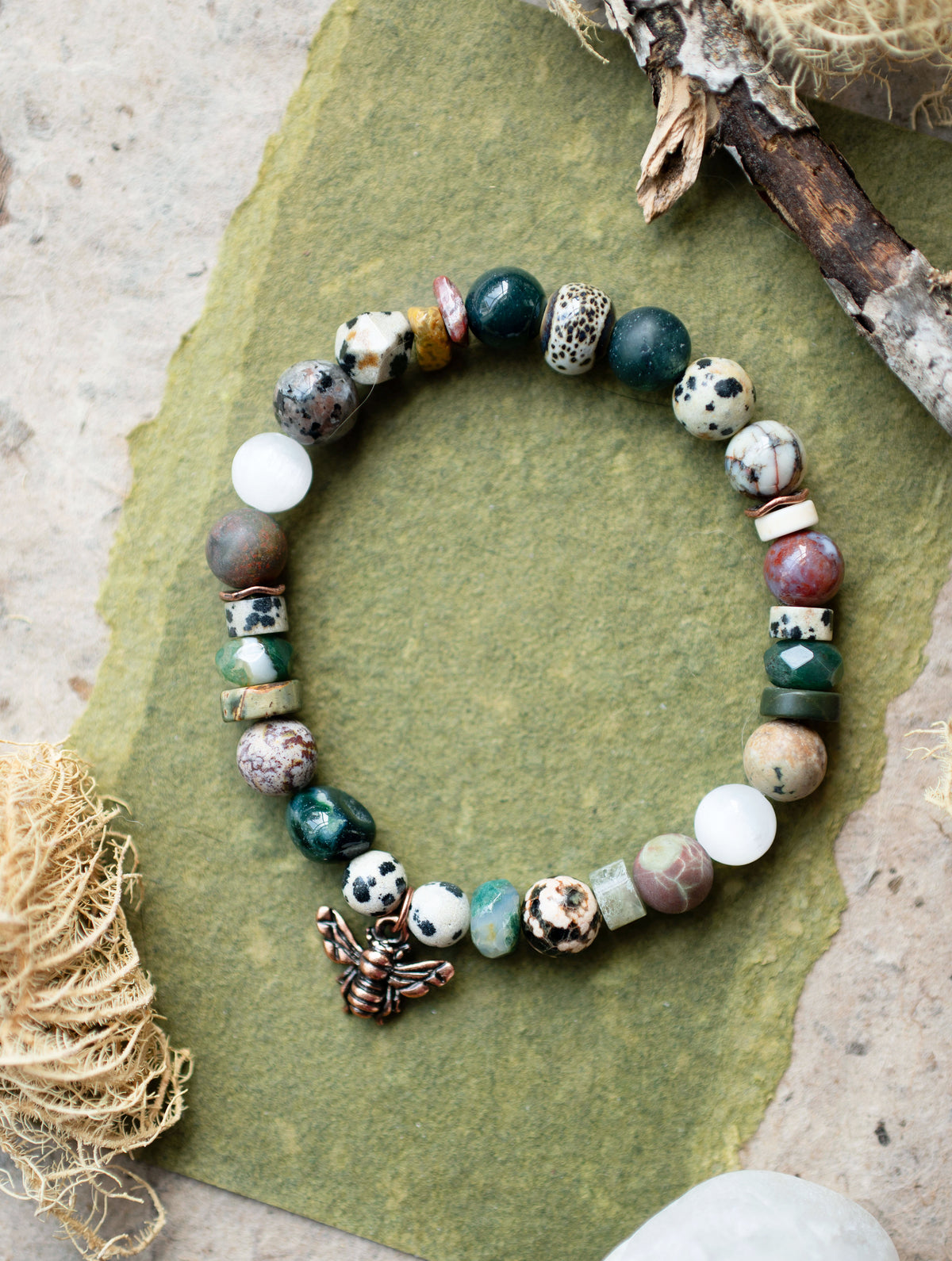 Copper Bee Rustic Gemstone Agate Selenite Stretch Bracelet