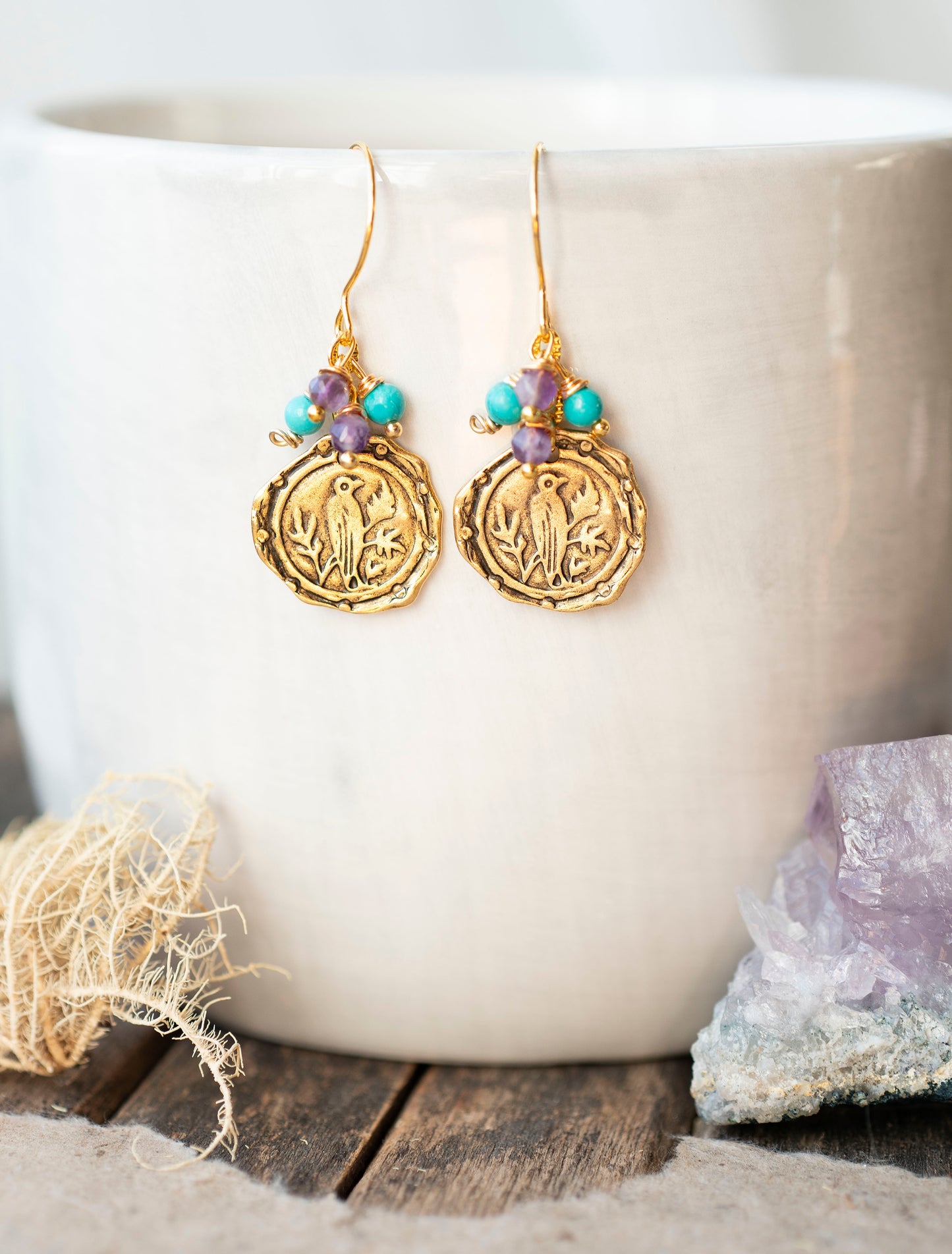 Bird Earrings in Golden Brass Turquoise Amethyst