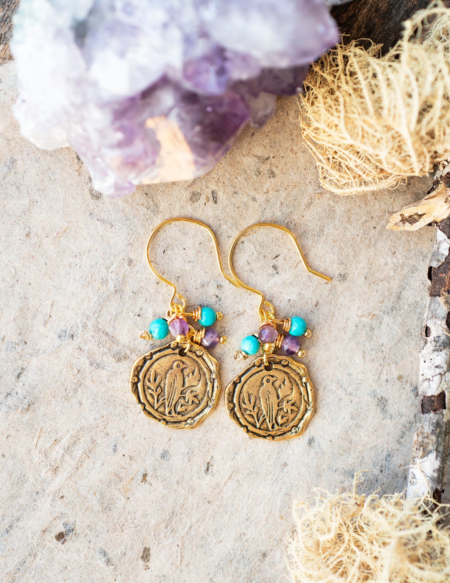 Bird Earrings in Golden Brass Turquoise Amethyst