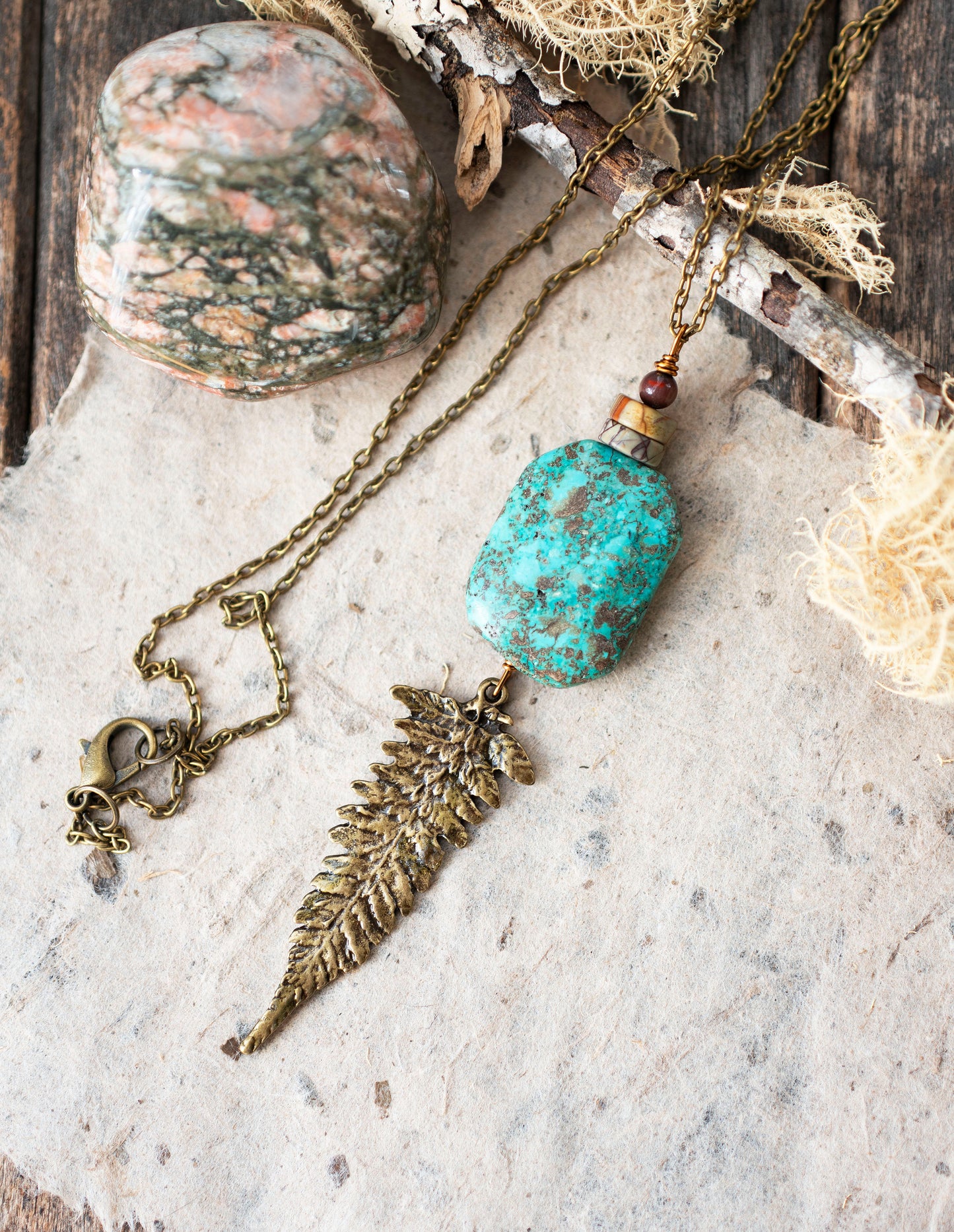 Antique Brass Turquoise Fern Leaf Pendant Necklace