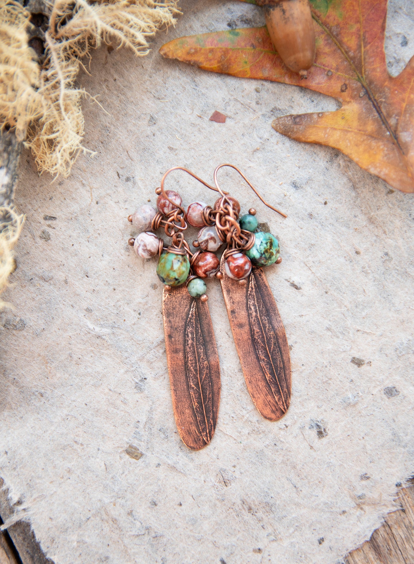 Copper Leaf Gemstone Earrings