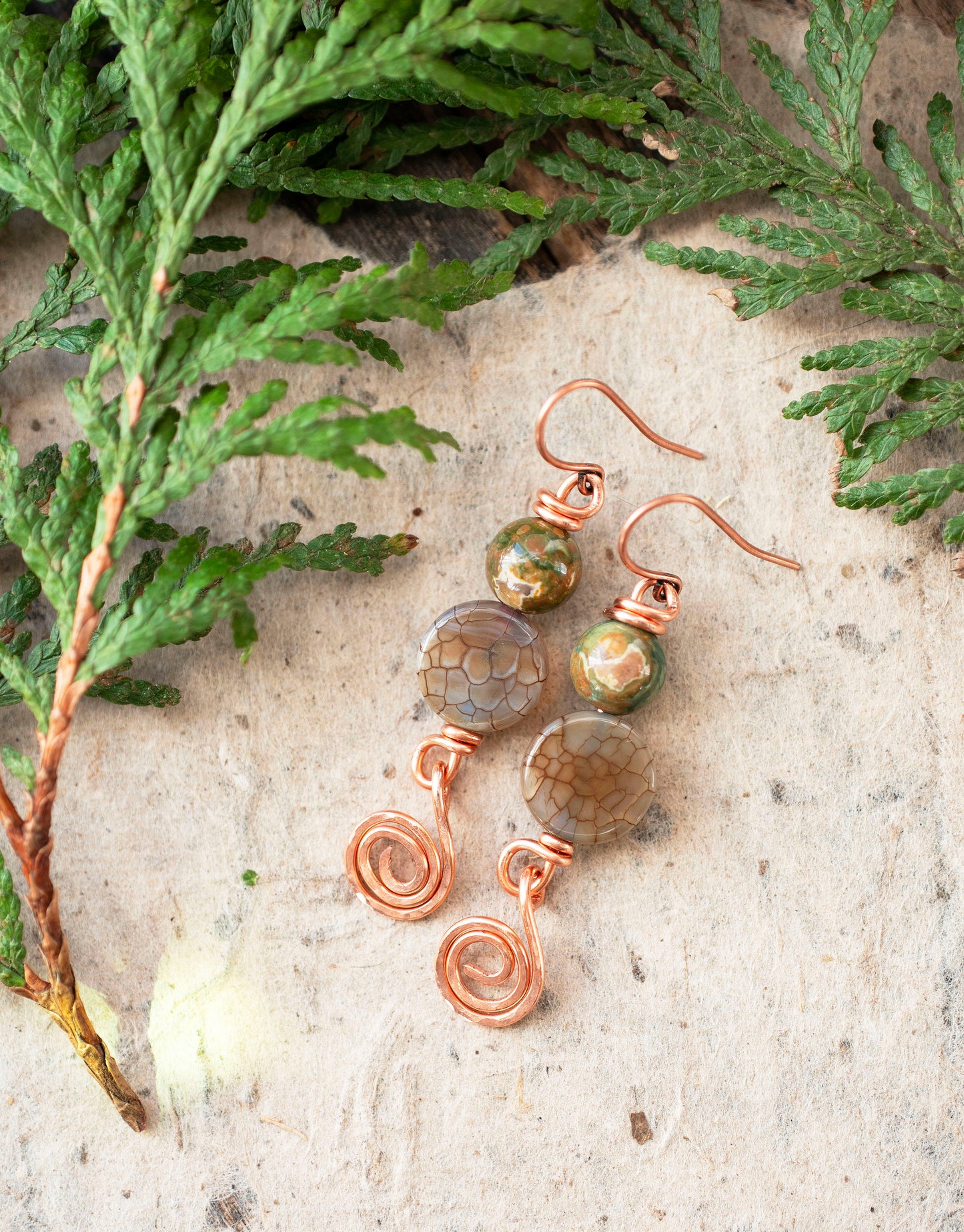 Agate Spiral Green Copper Rhyolite Gemstone Earrings
