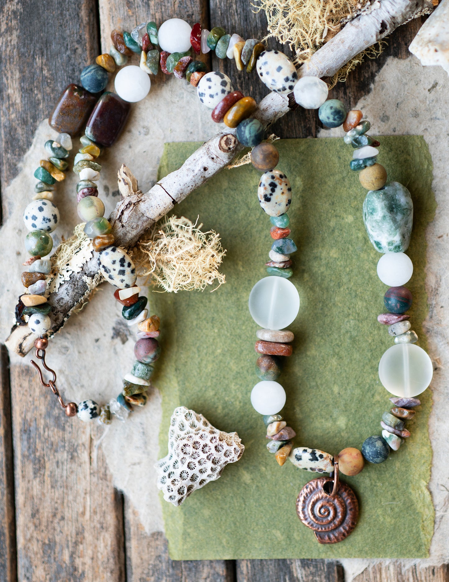 Copper Spiral Ocean Jasper Tree Agate Gemstone Necklace