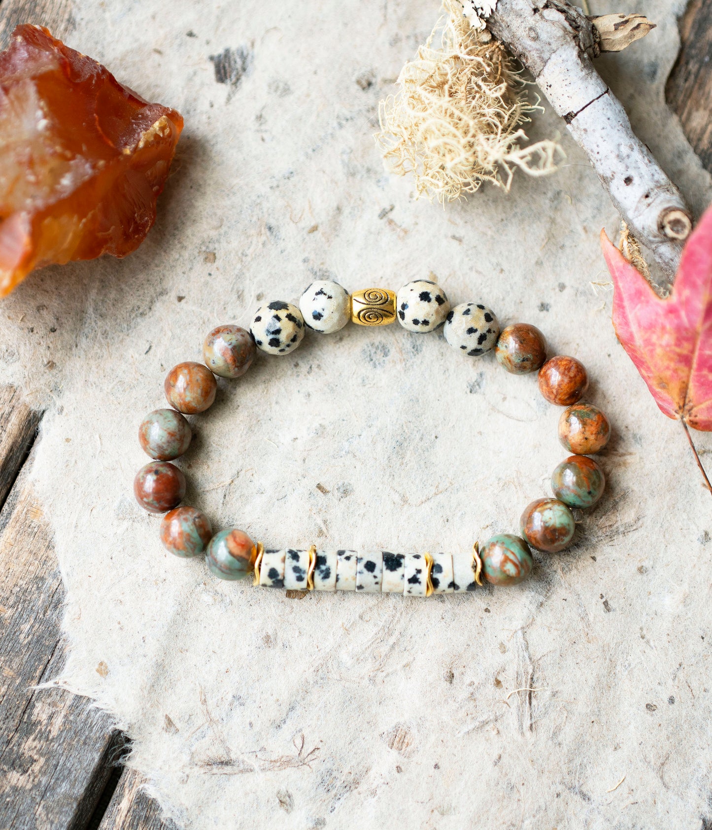 Dalmatian Jasper African Opal Earthy Gemstone Stretch Bracelet