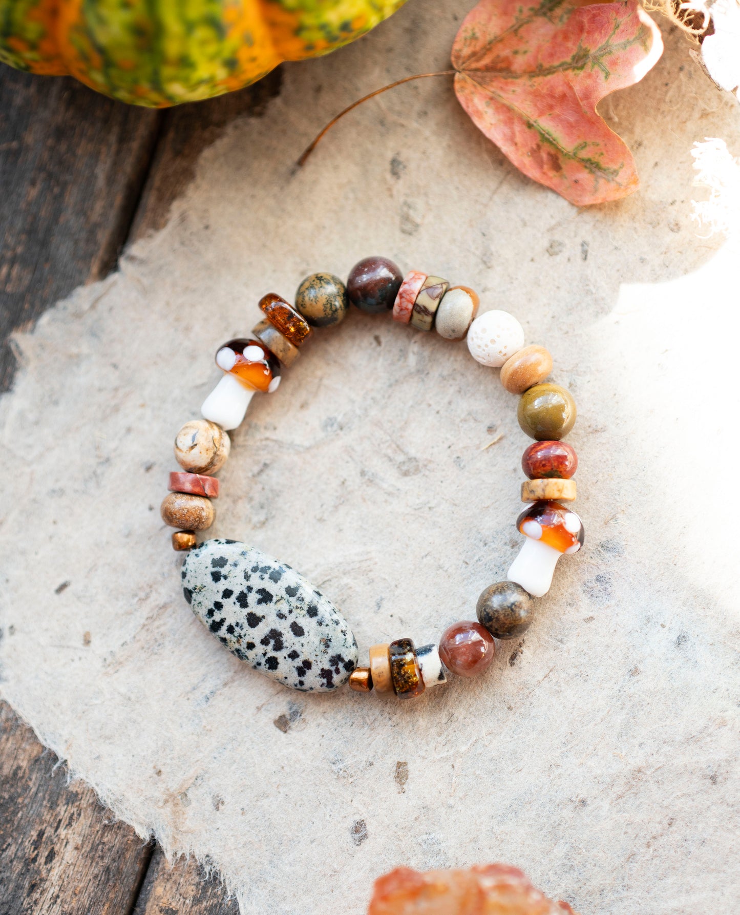 Dalmatian Jasper Earthy Mushroom Gemstone Stretch Bracelet