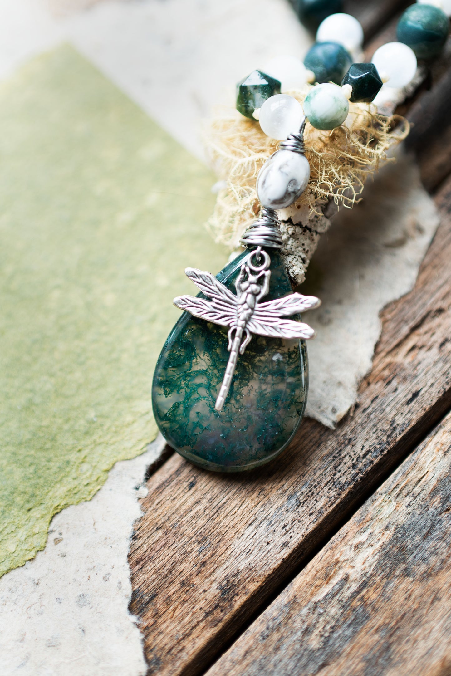 Dragonfly Moss Agate Selenite Gemstone Knotted Cord Necklace