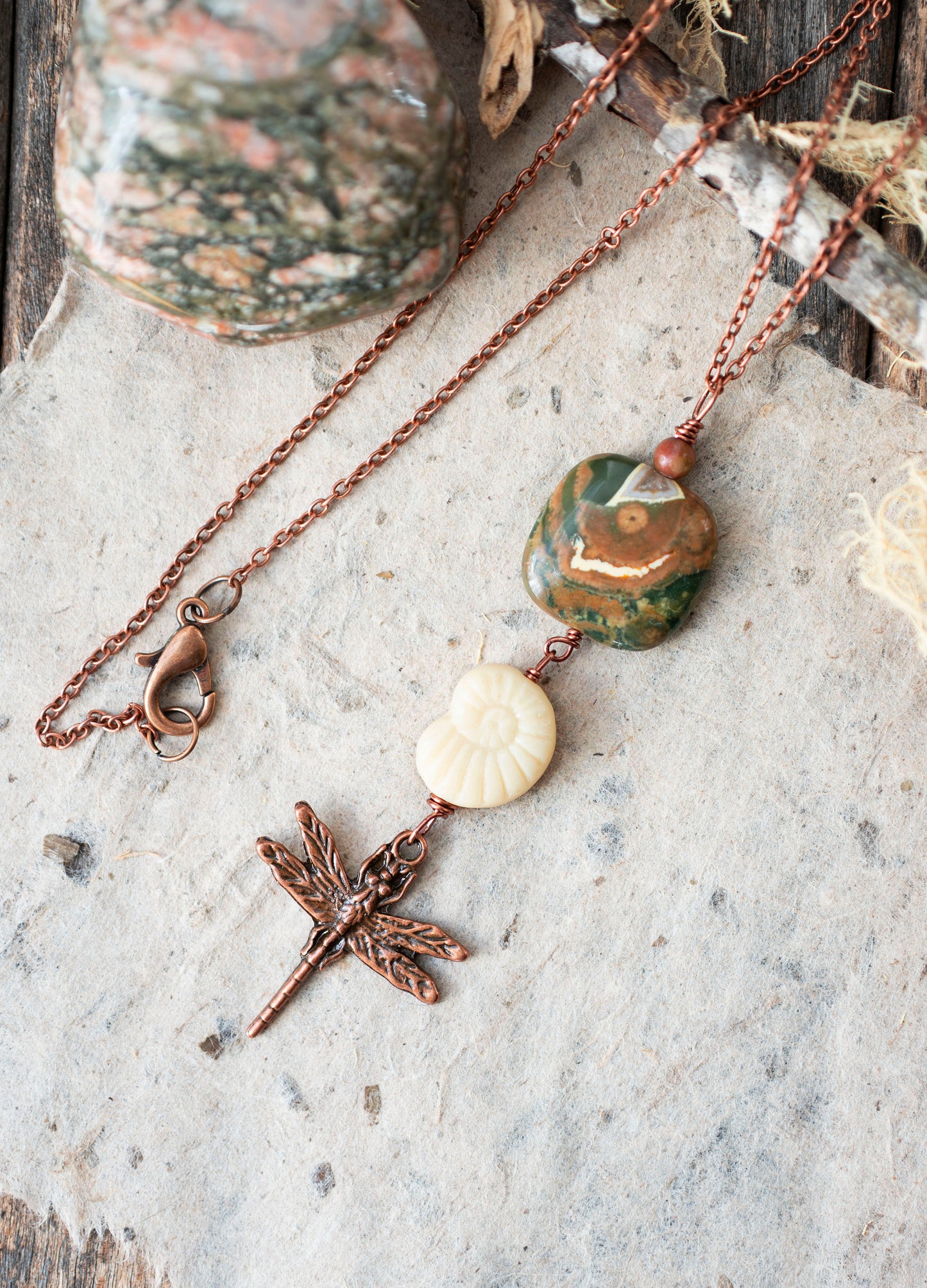 Dragonfly Rhyolite Gemstone Pendant Necklace