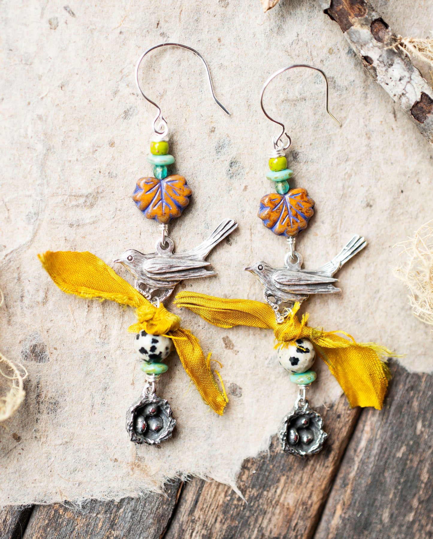 Bird Nest Sparrow Earrings Yellow Ribbons