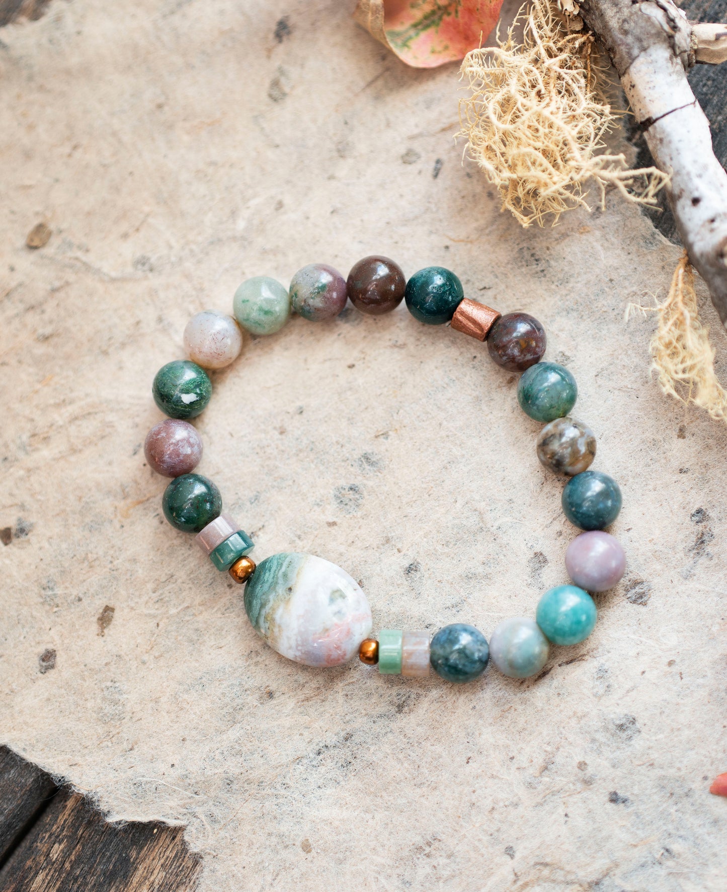 Green Purple Fancy Jasper Gemstone Stretch Bracelet