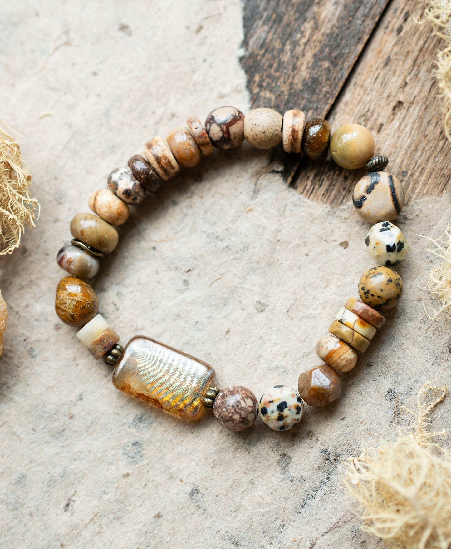 Earthy Fern Jasper Gemstone Stretch Bracelet