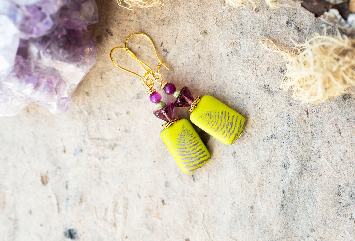 Chartreuse Green Purple Fern Earrings
