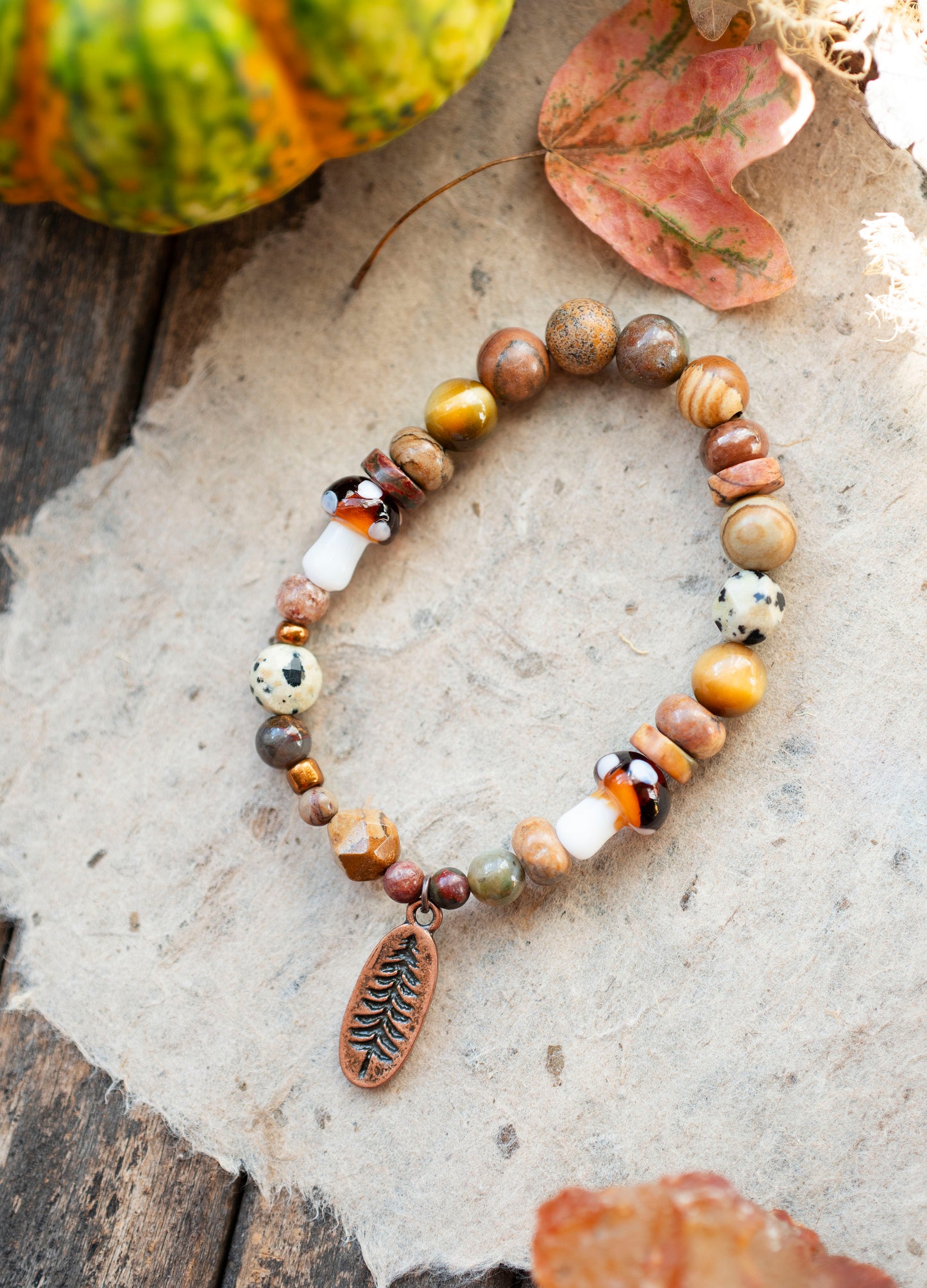 Forest Mushroom Earthy Gemstone Stretch Bracelet