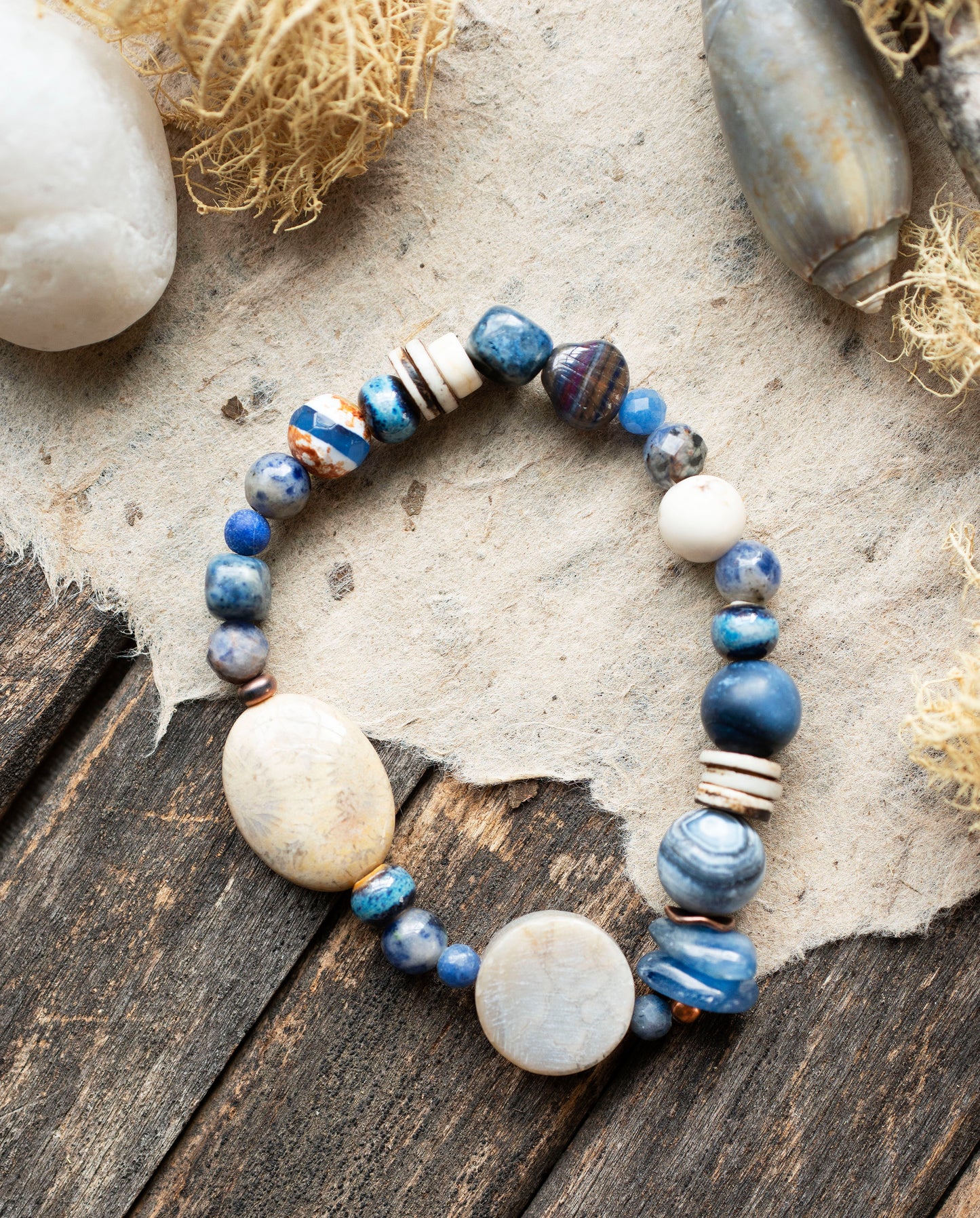 Fossil Coral Blue Kyanite Sodalite Gemstone Stretch Bracelet