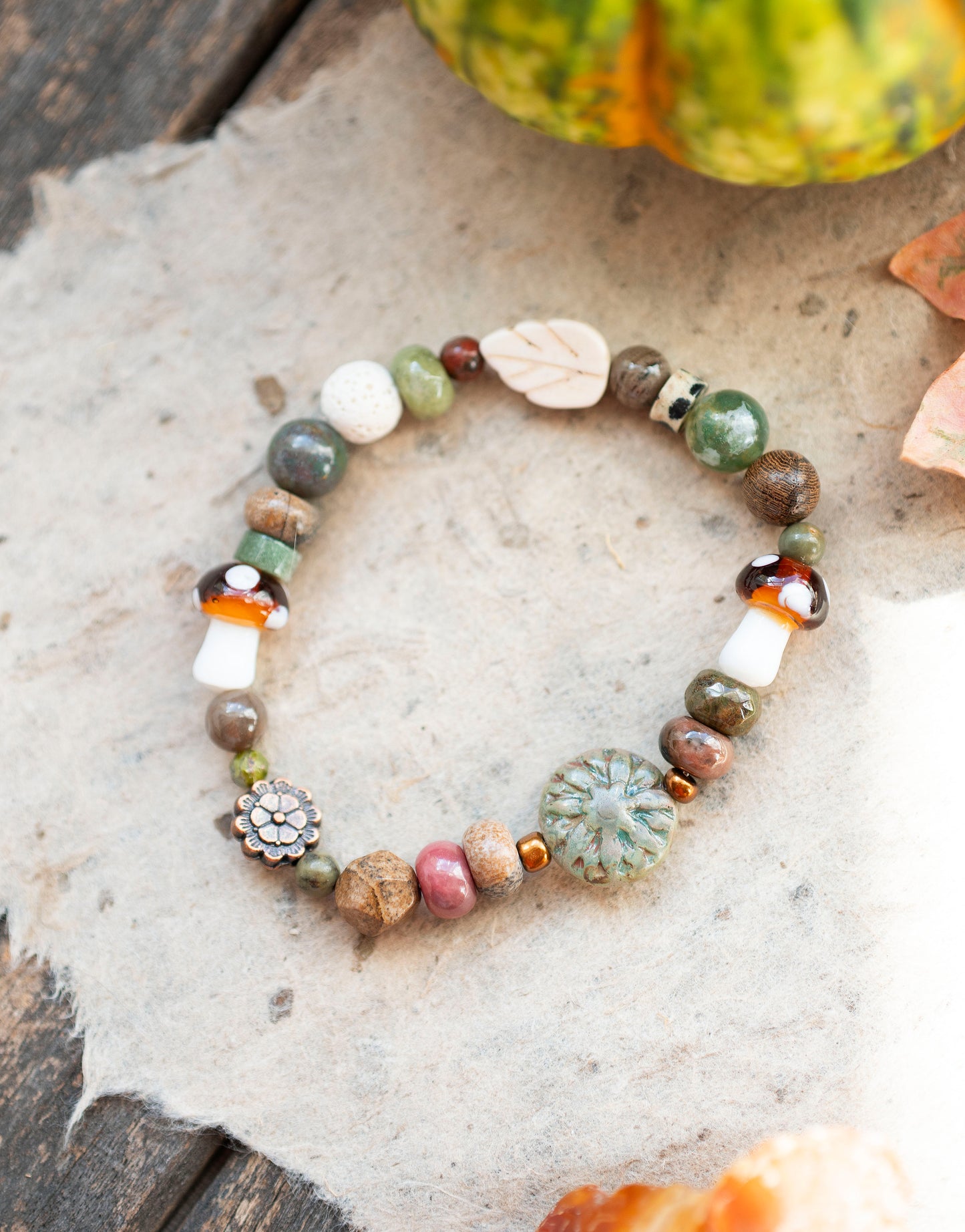 Autumn Green Flower Mushroom Gemstone Stretch Bracelet