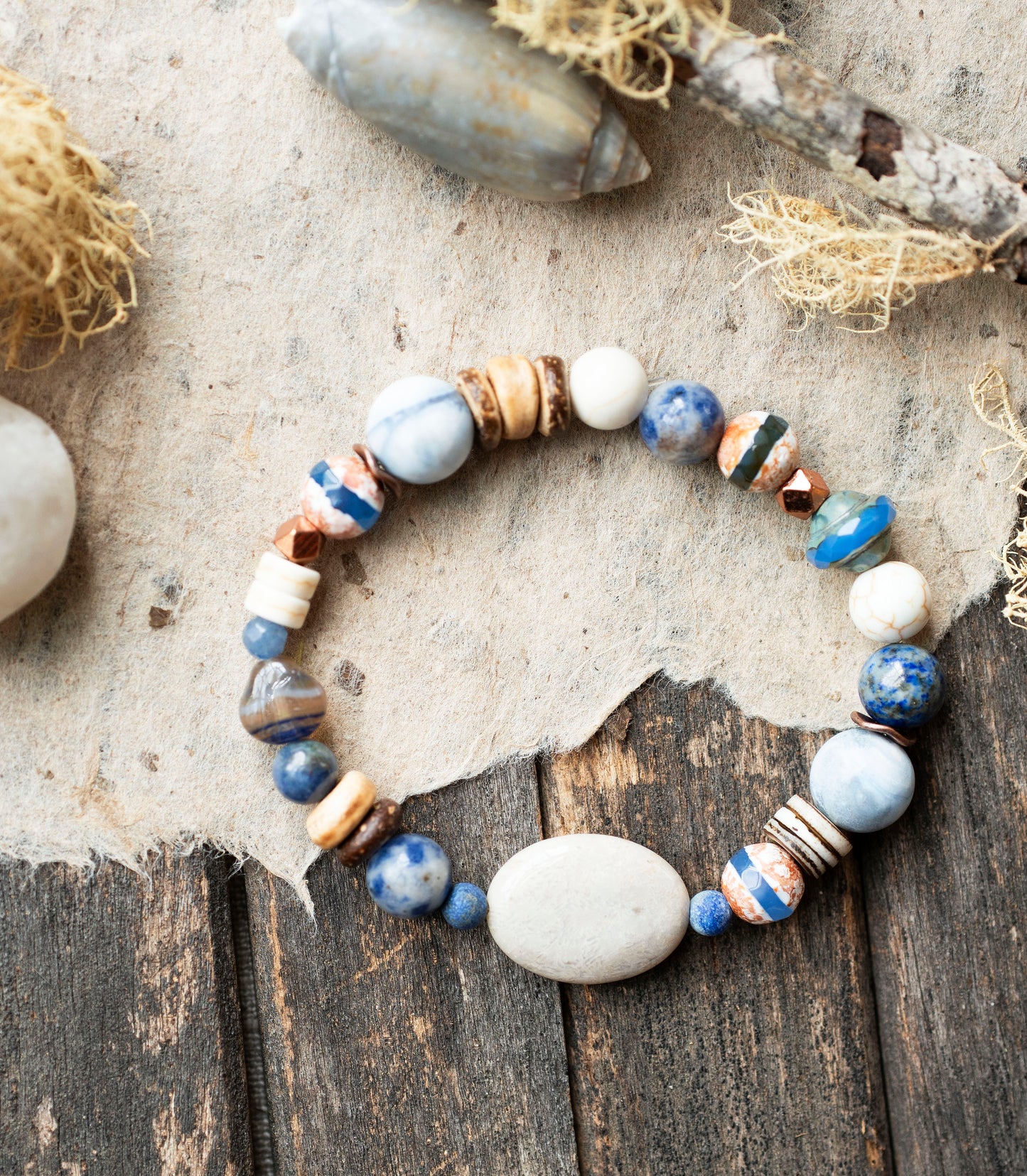 Grey Blue Fossil Coral Agate Gemstone Stretch Bracelet