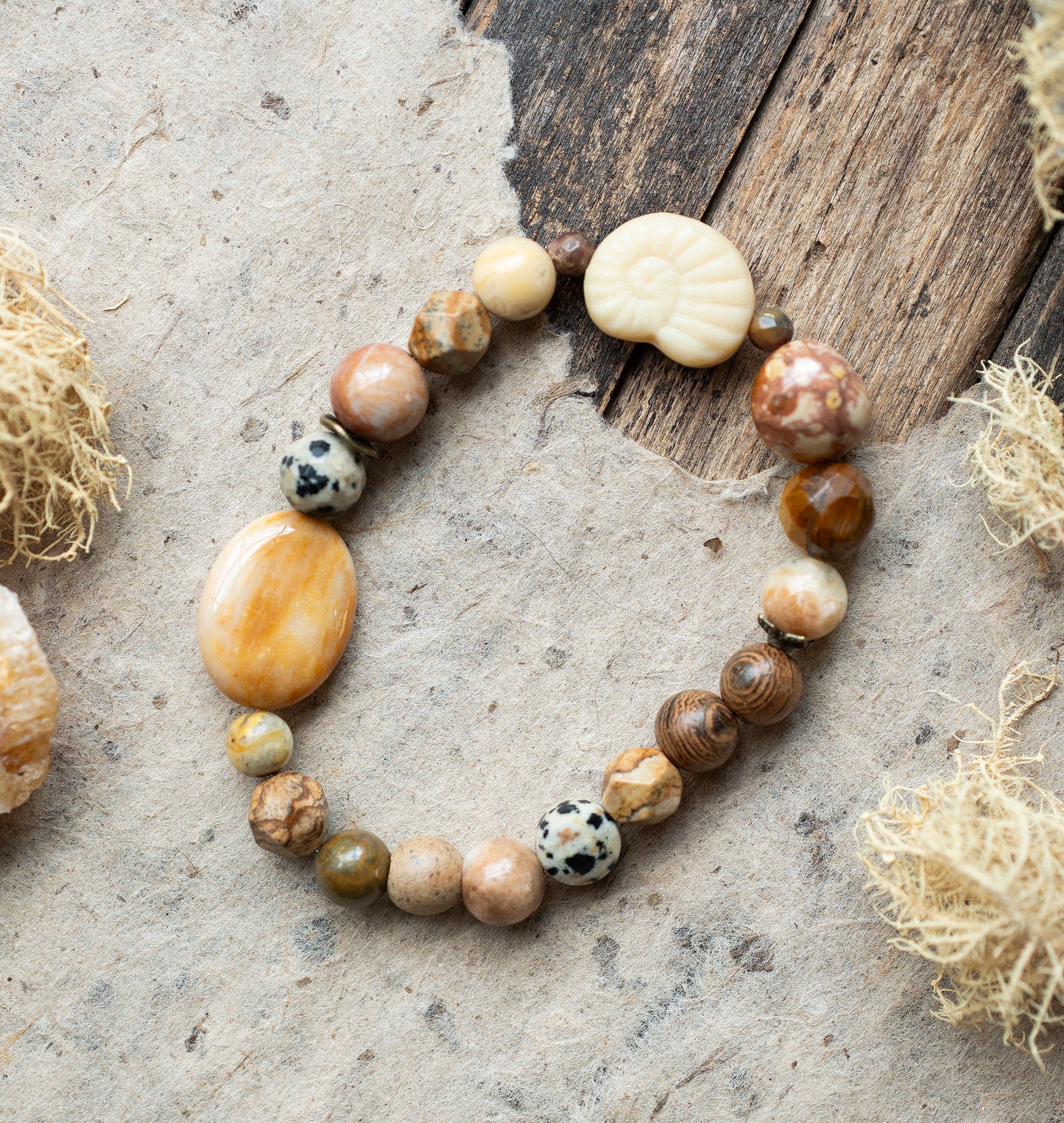 White Shell Fossil Coral Gemstone Wooden Jasper Stretch Bracelet