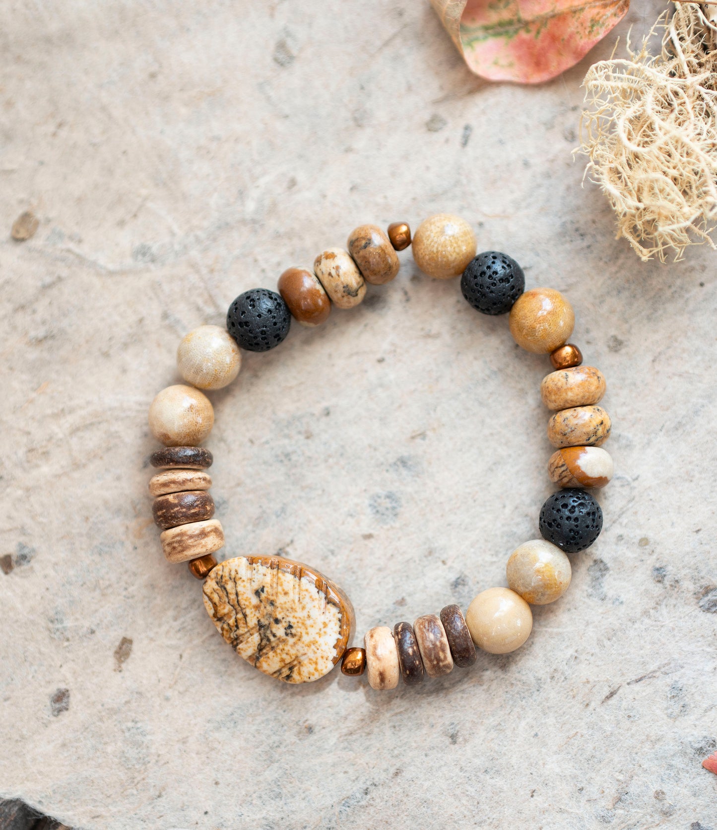 Autumn Leaf Picture Jasper Black Lava Stone Gemstone Stretch Bracelet