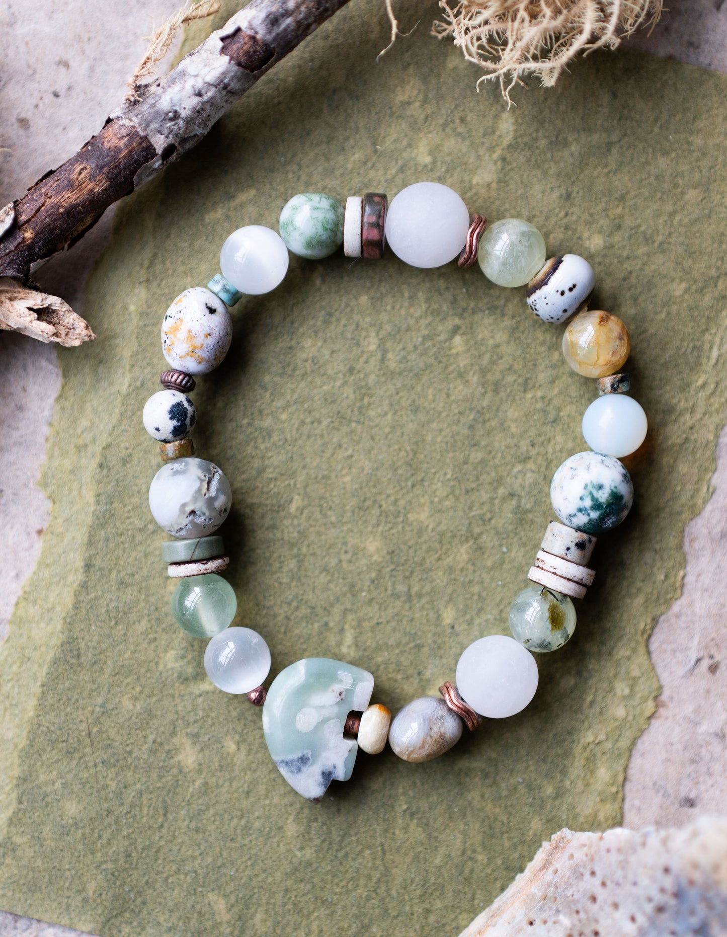Green Peace Jade Zuni Bear Agate Nature Inspired Gemstone Bracelet