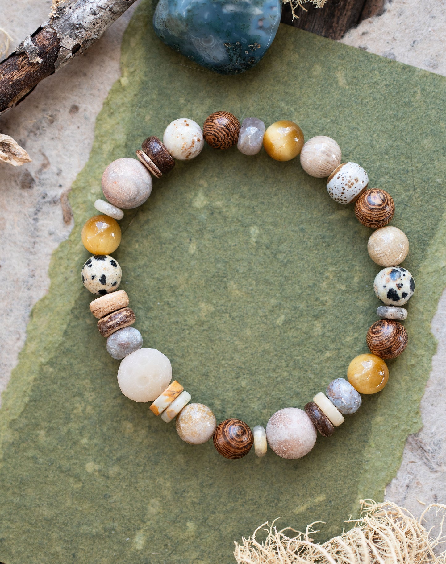 Moon Rustic Tigers Eye Wooden Beaded Gemstone Bracelet