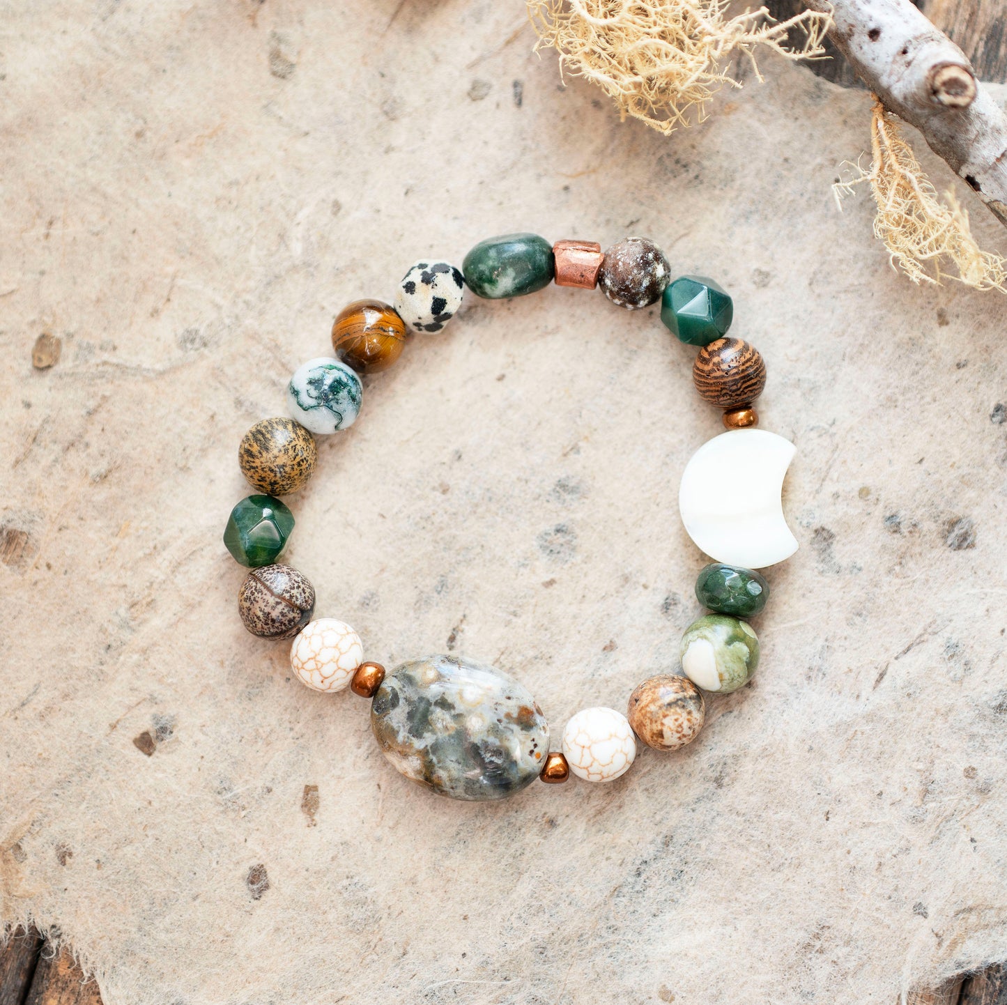 Green Ocean Jasper Moon Gemstone Stretch Bracelet