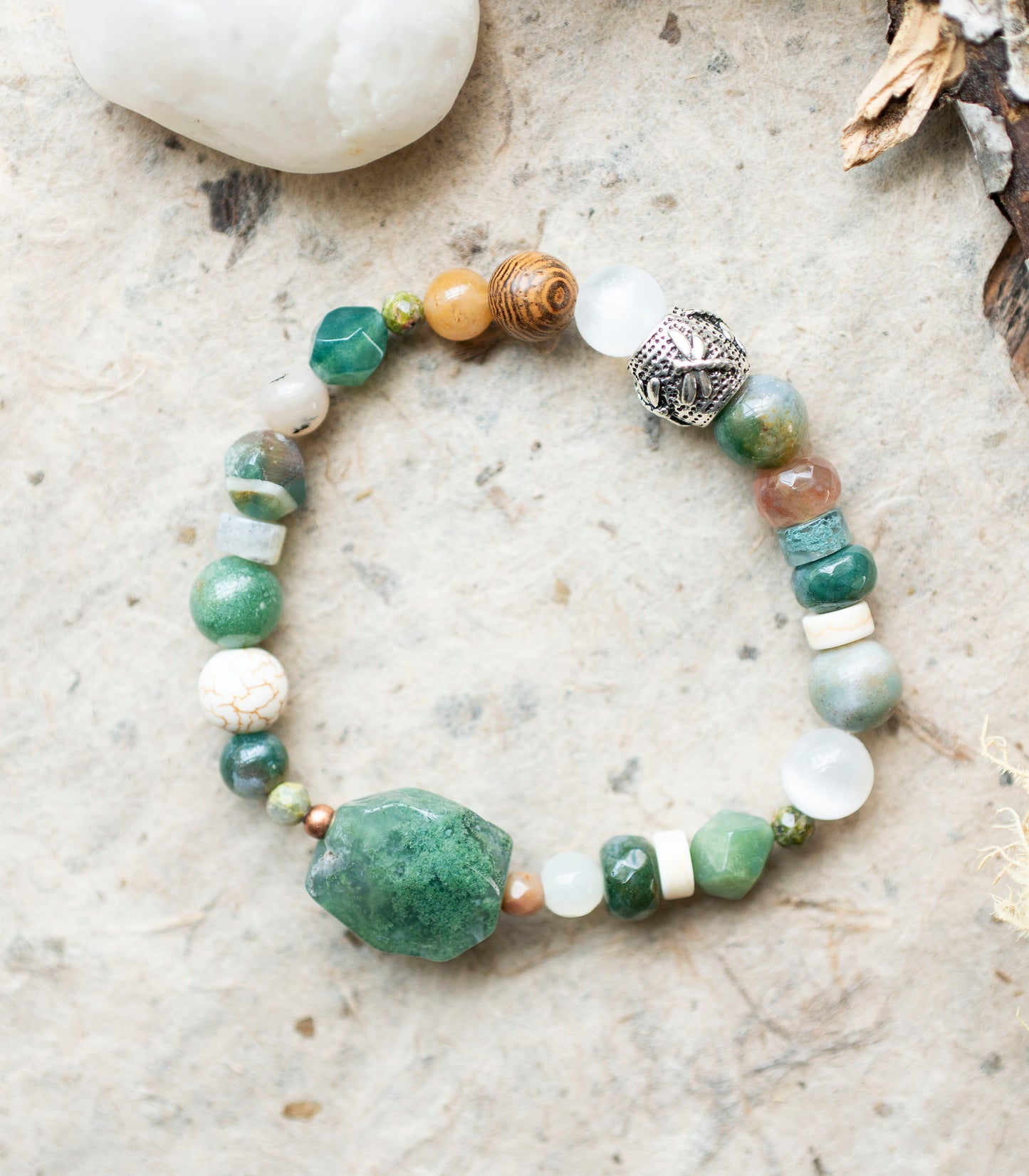 Green Moss Agate Dragonfly Selenite Gemstone Stretch Bracelet