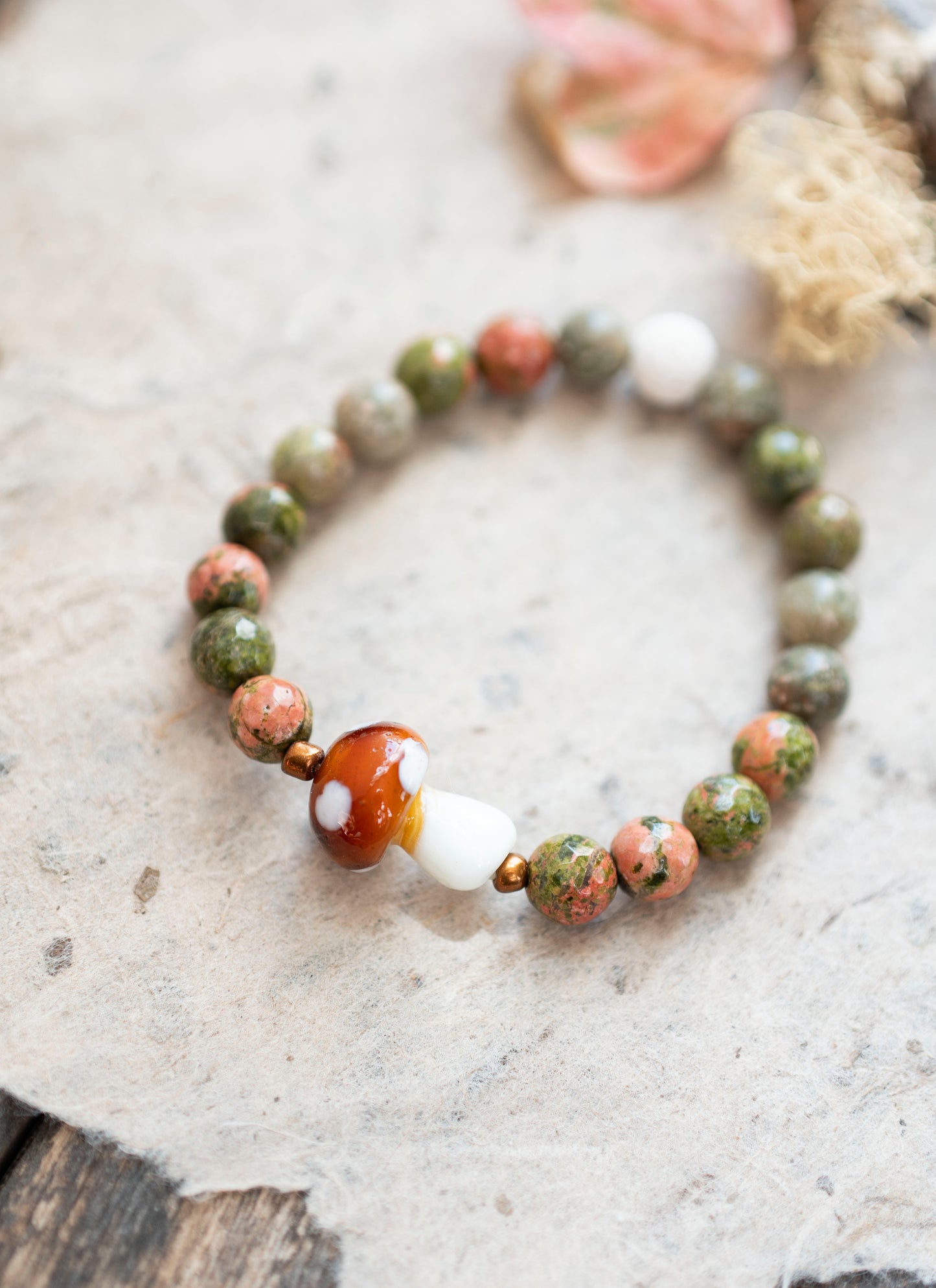 Autumn Mushroom Forest Unakite Gemstone Stretch Bracelet