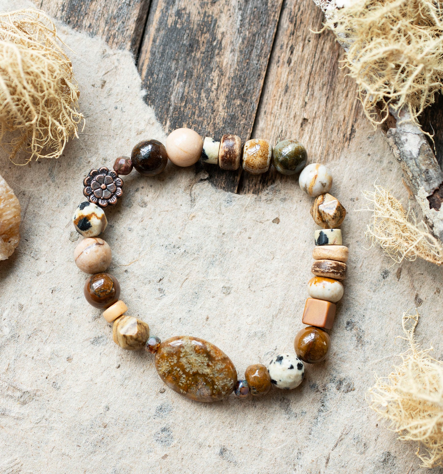 Fossil Coral Earthy Jasper Gemstone Stretch Bracelet