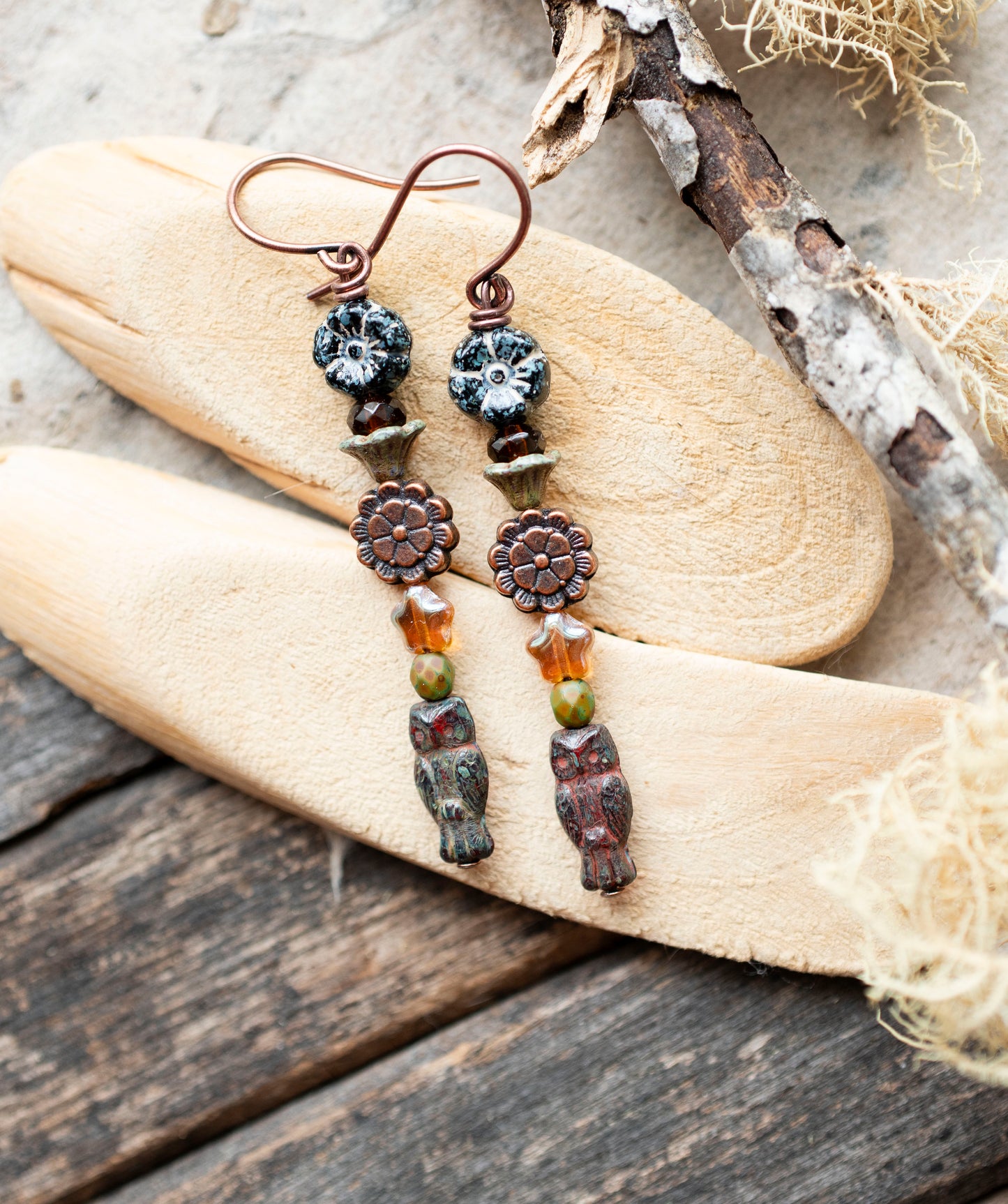 Owl Earrings Czech Glass Flowers Copper