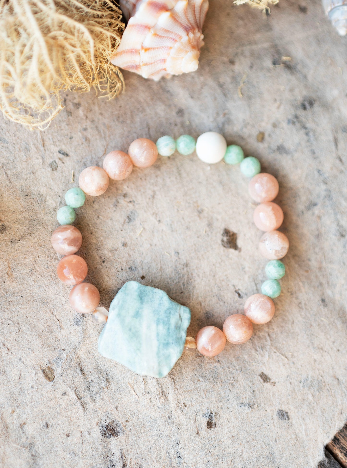 Peach Moonstone and Green Amazonite Gemstone Stretch Bracelet
