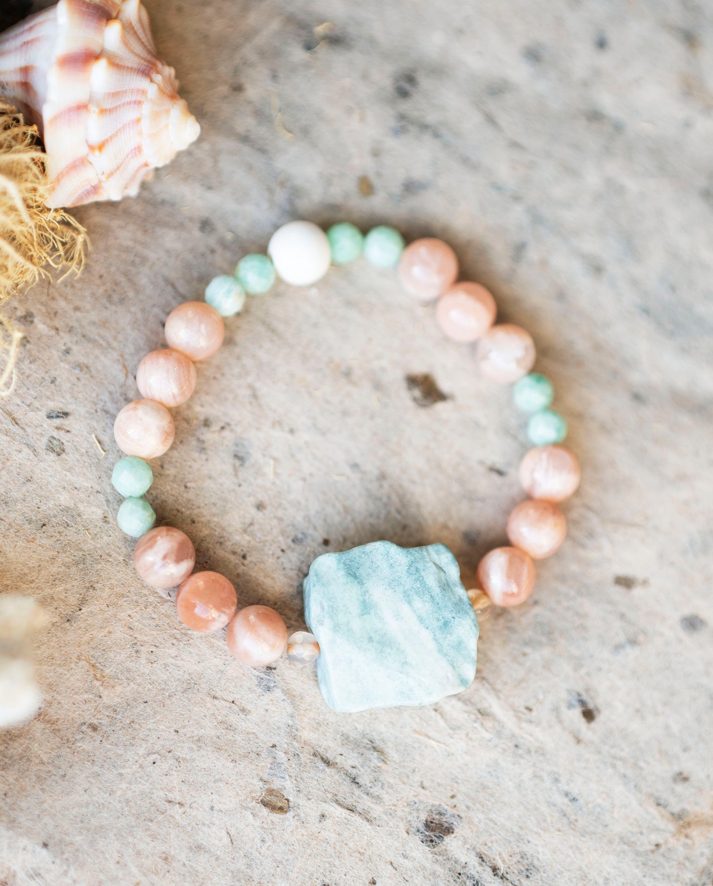 Peach Moonstone and Green Amazonite Gemstone Stretch Bracelet