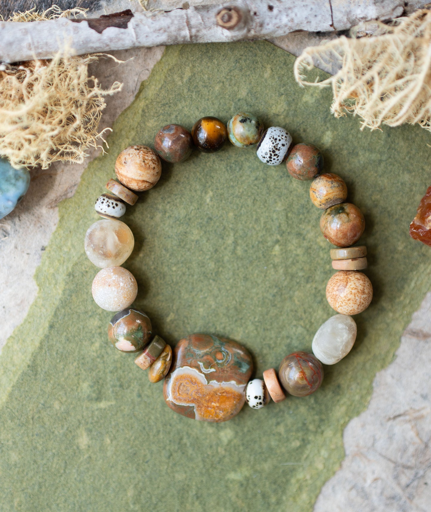 Rhyolite Golden Glow Citrine Tigers Eye Gemstone Stretch Bracelet