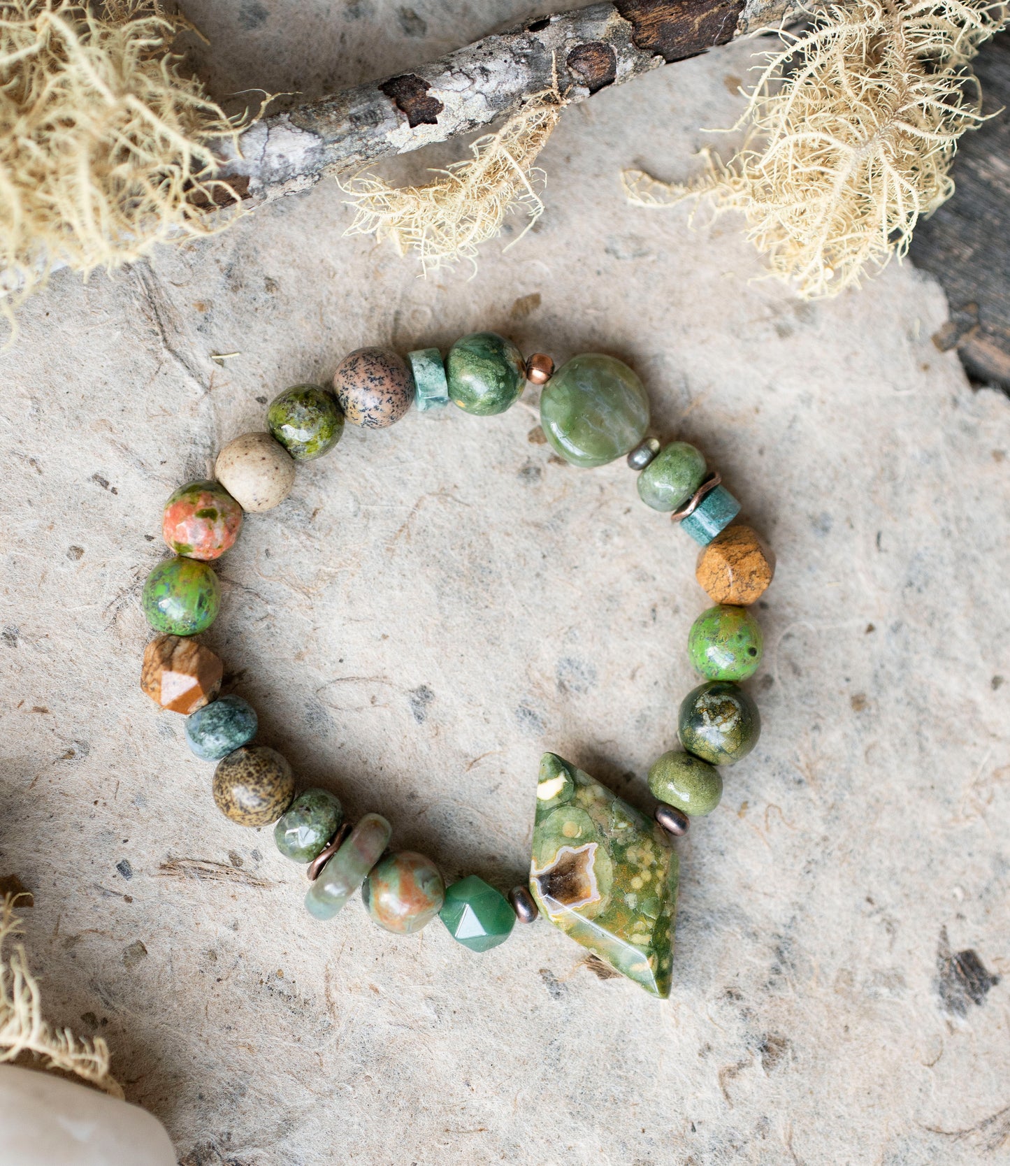 Mossy Green Unique Rhyolite Gemstone Stretch Bracelet