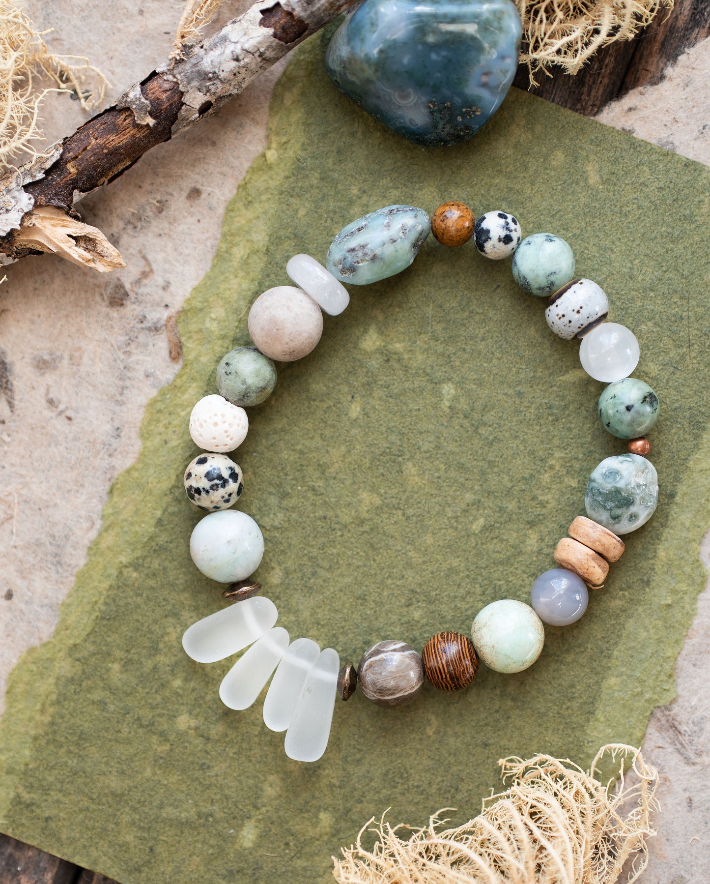 Sea Glass Larimar Rustic Pebble Gemstone Beaded Bracelet