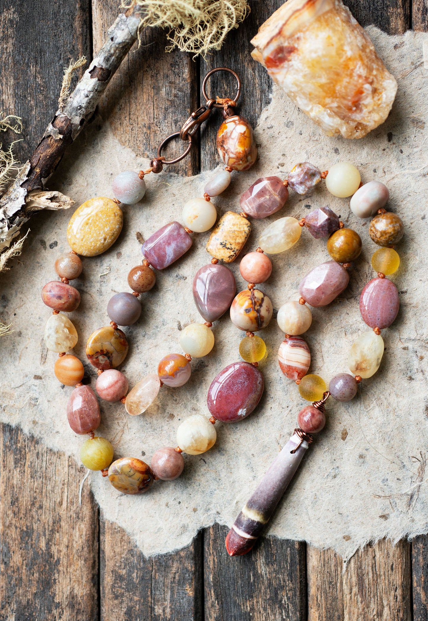 Sunset Citrine Sunstone Gemstone Knotted Cord Necklace