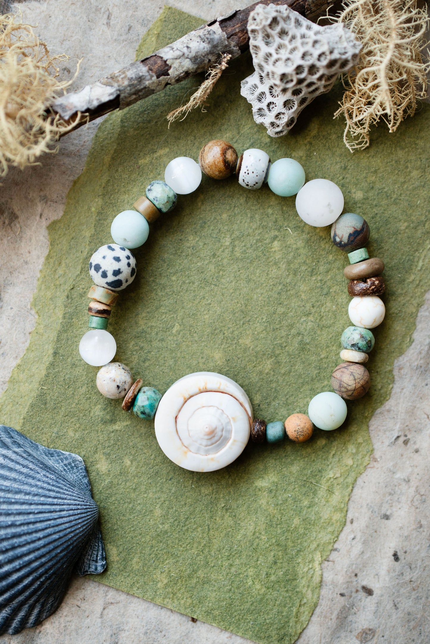 Seashell Ocean Inspired Gemstone Stretch Bracelet